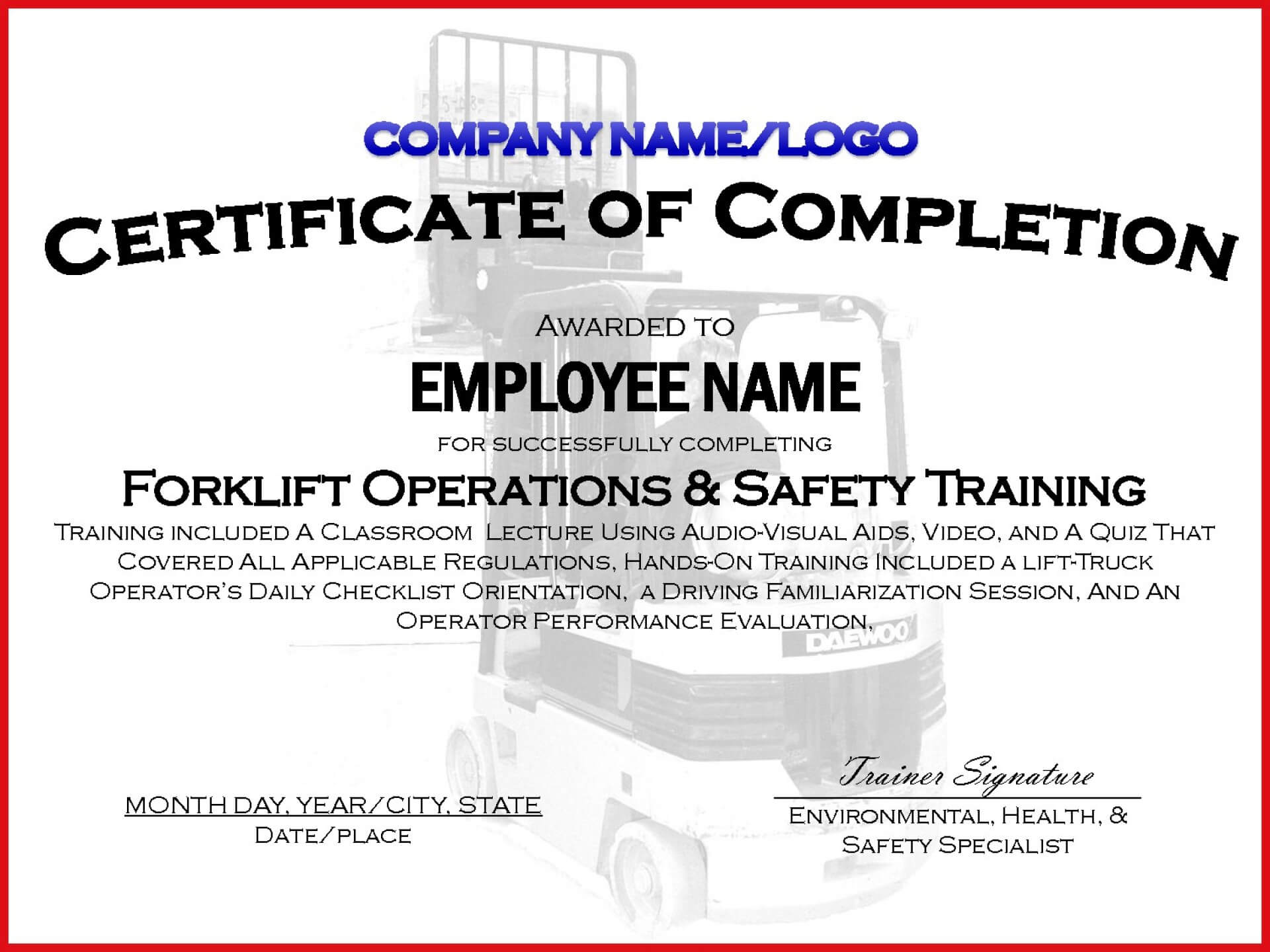 002 Forklift Truck Training Certificate Template Free Osha With Regard To Safe Driving Certificate Template