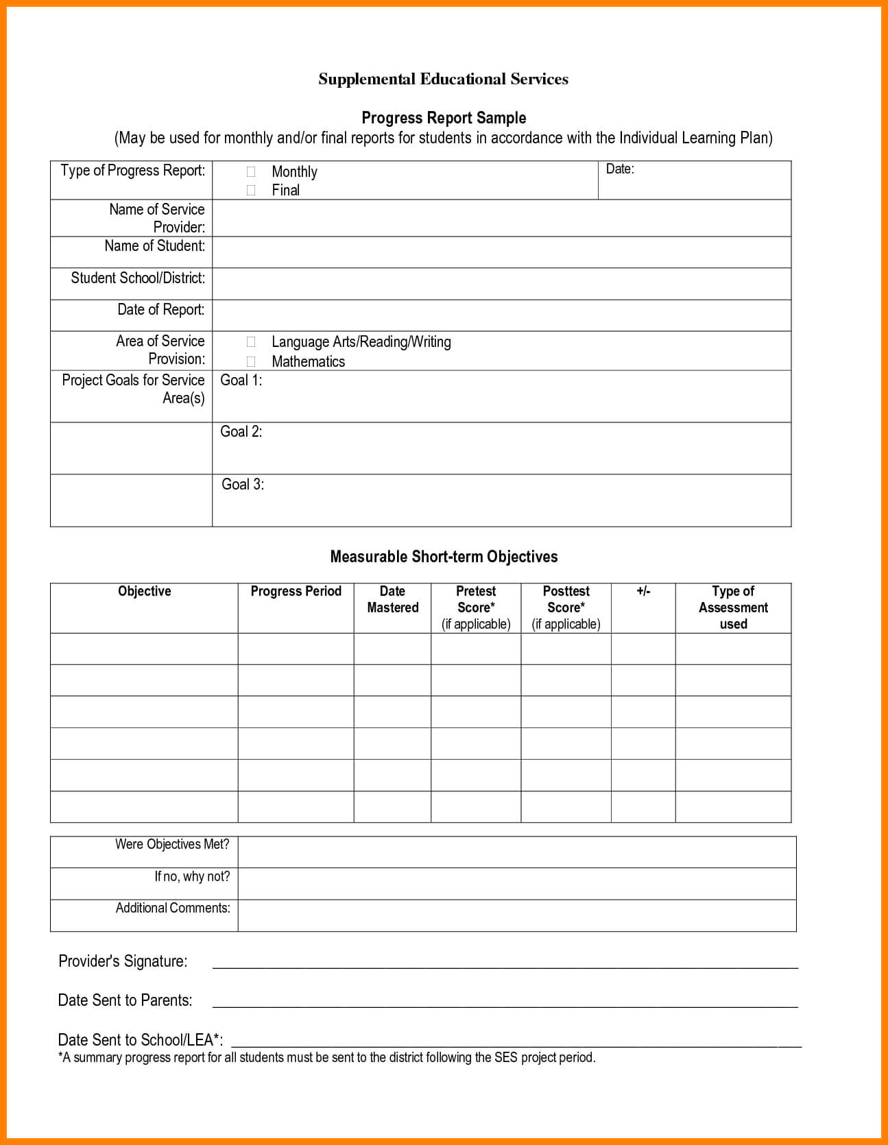 Printable Student Progress Report Template