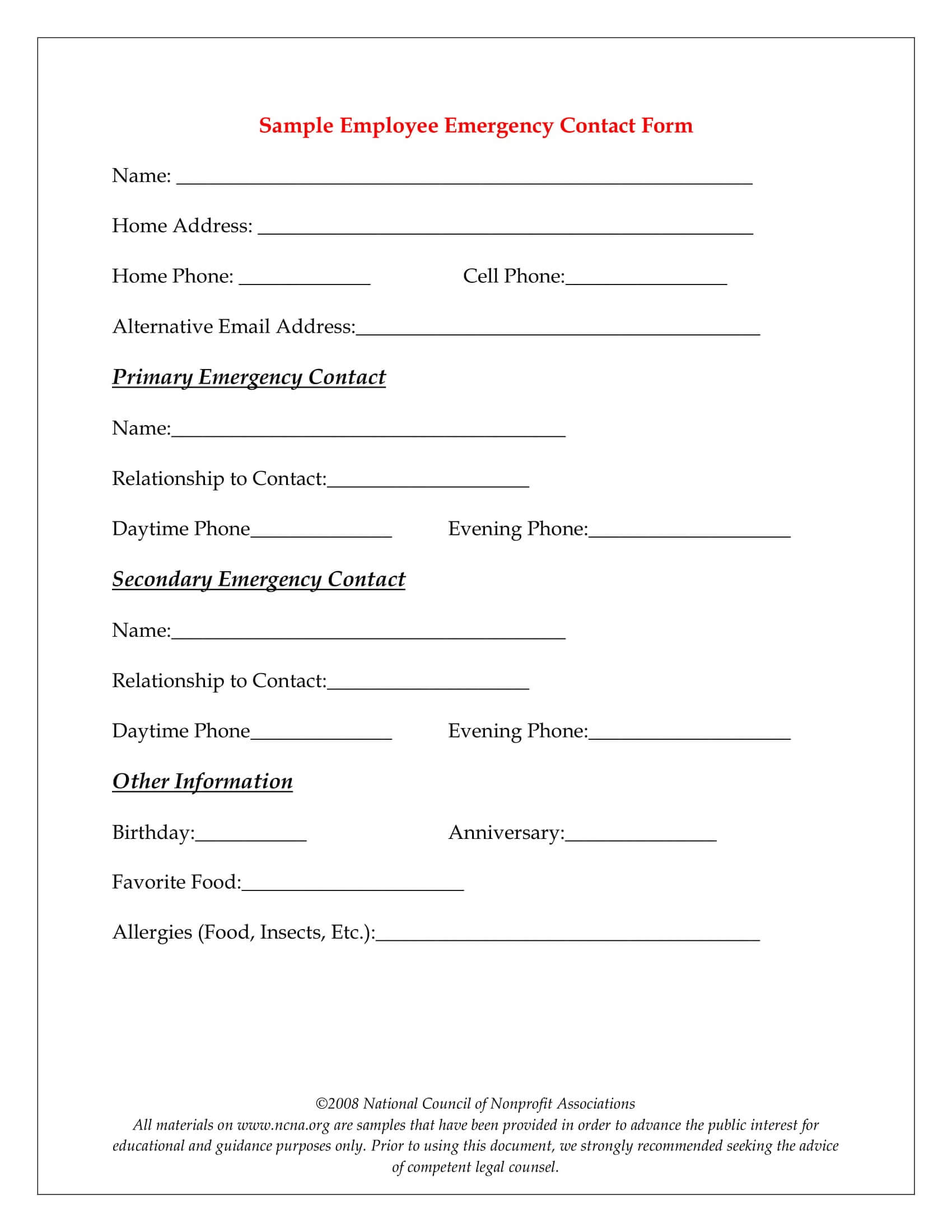 004 Employee Emergency Contact Form Template Sample Ncn Within Emergency Contact Card Template