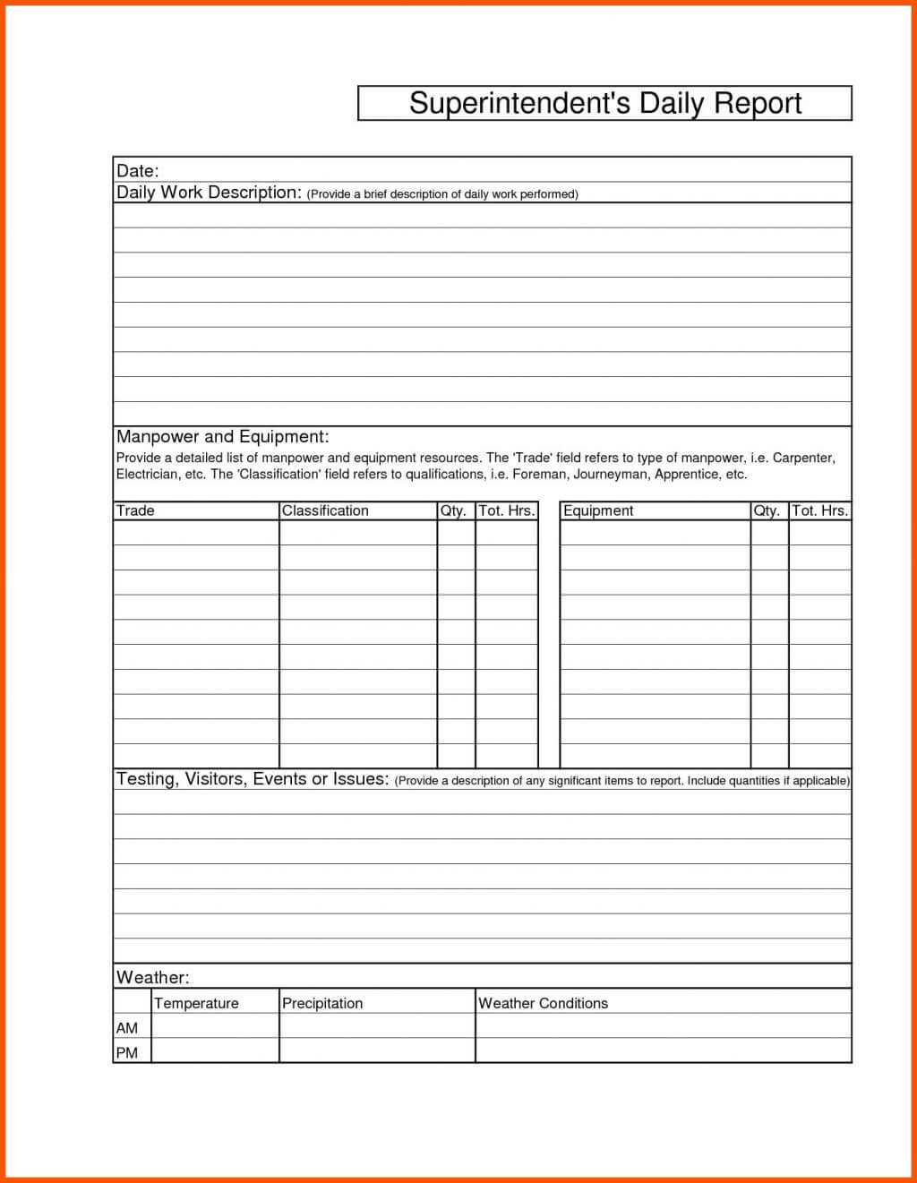 005 Construction Superintendent Daily Report Forms Work Mail With Superintendent Daily Report Template