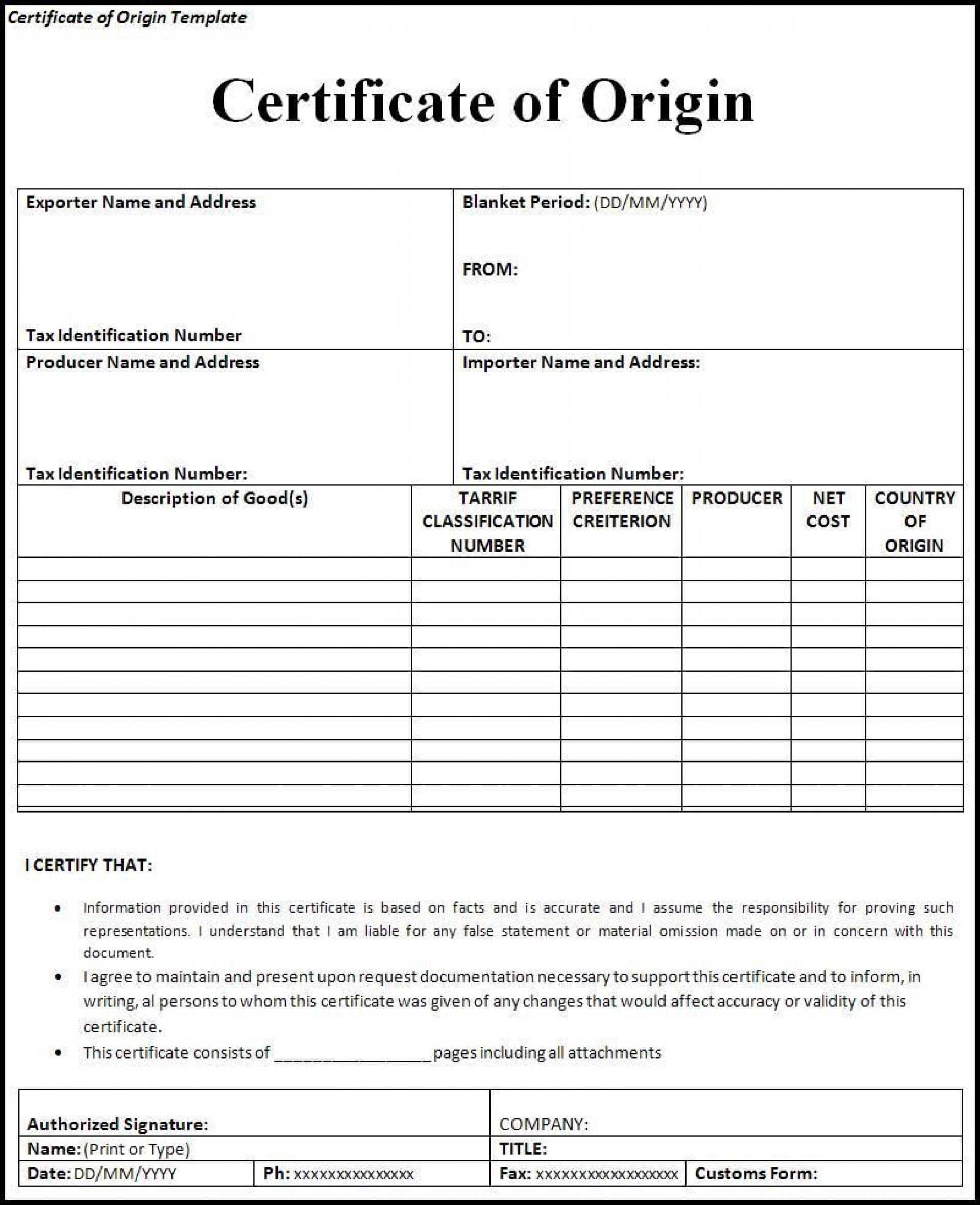 005 Template Ideas Certificate Of Origin Excel Awesome Nafta Within Nafta Certificate Template