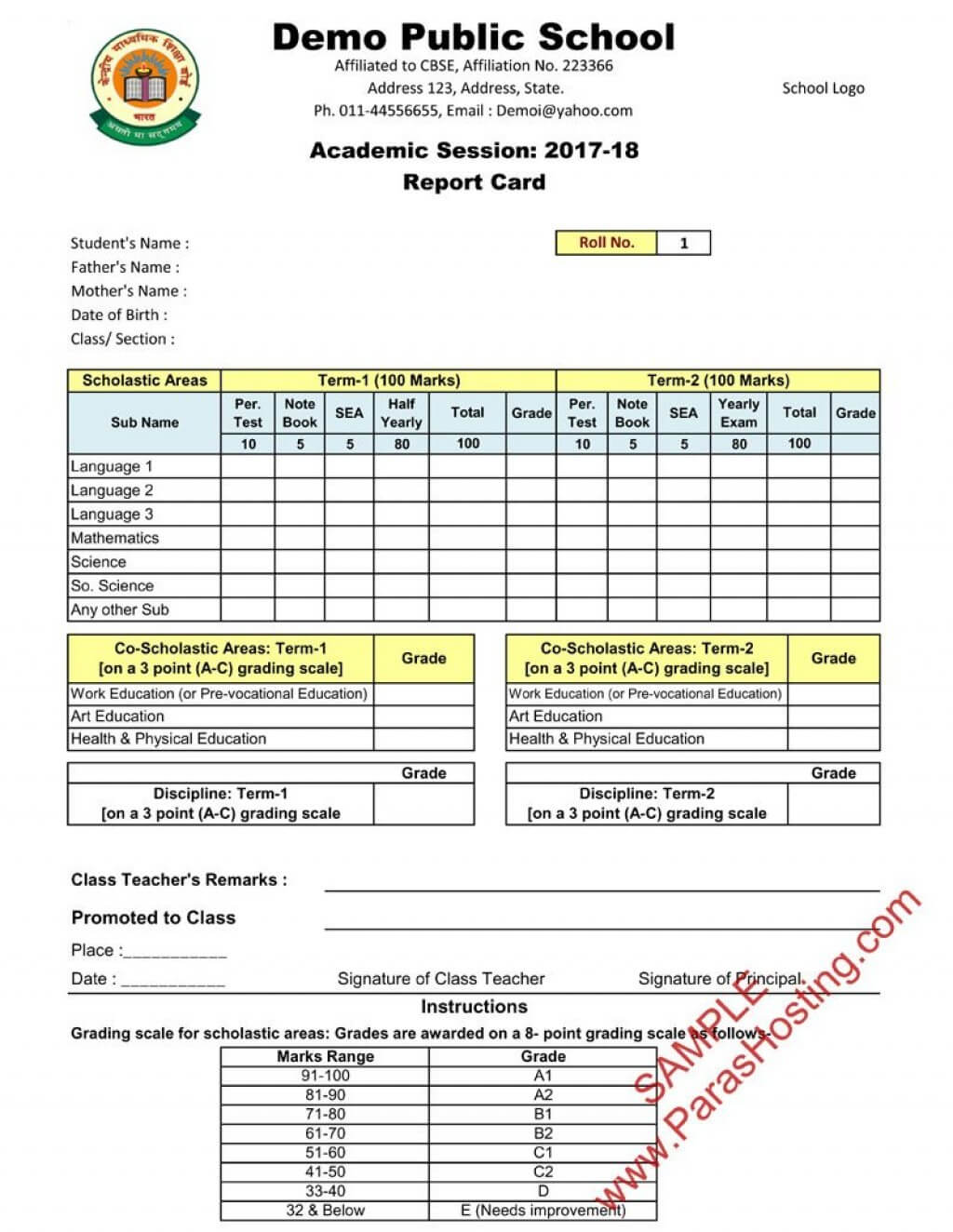 Report Card Template Free