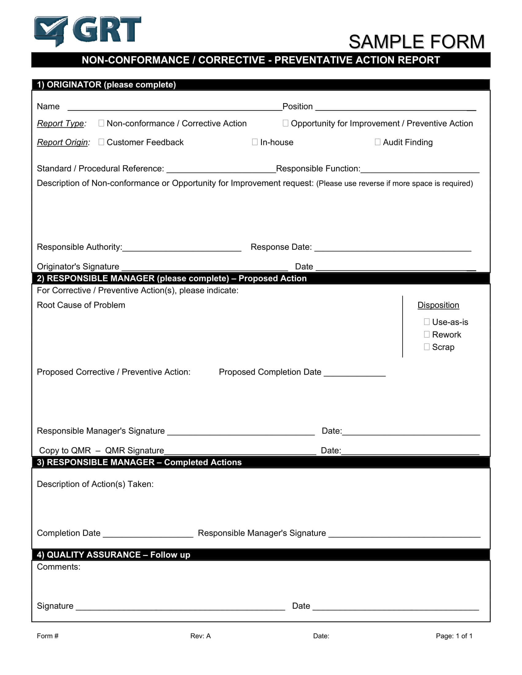 012 Corrective Action Form Template Manufacturing Non For Non Conformance Report Template
