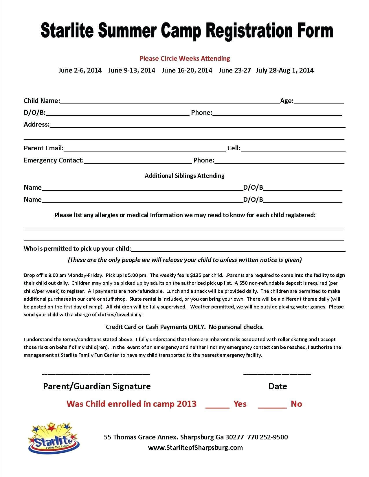 014 Free Printable Camp Registration Form Templates Hotel Pertaining To Camp Registration Form Template Word