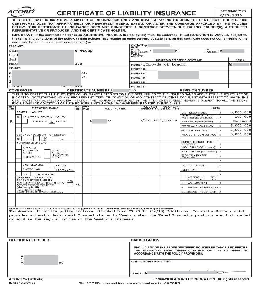 015 Certificate Of Liability Insurance Form California What Throughout Acord Insurance Certificate Template