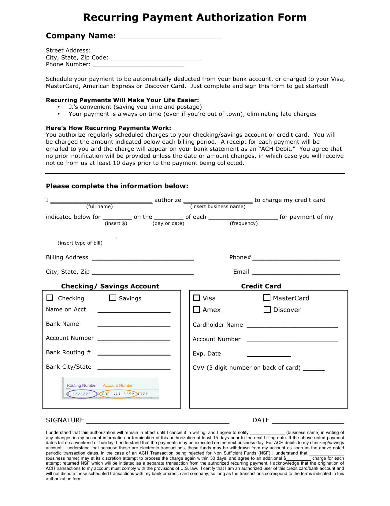 015 Recurring Payment Authorization Form Credit Card Ach Pdf With Regard To Credit Card Size Template For Word