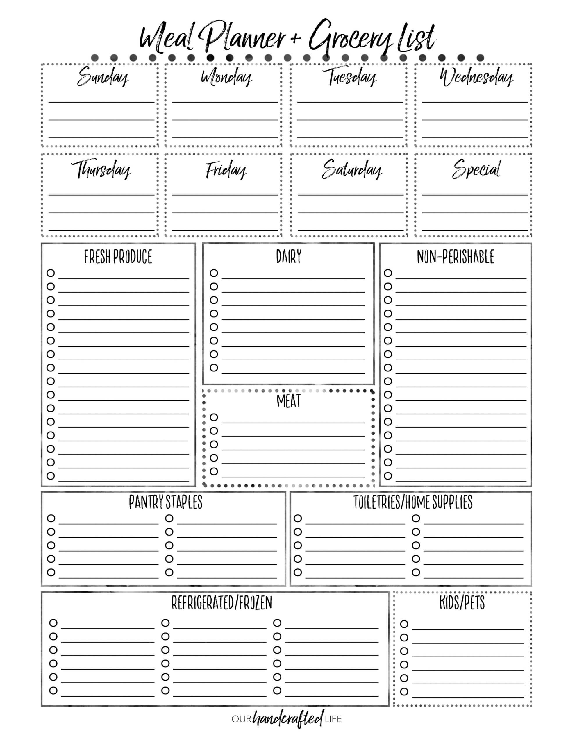 printable menu weekly calendar template