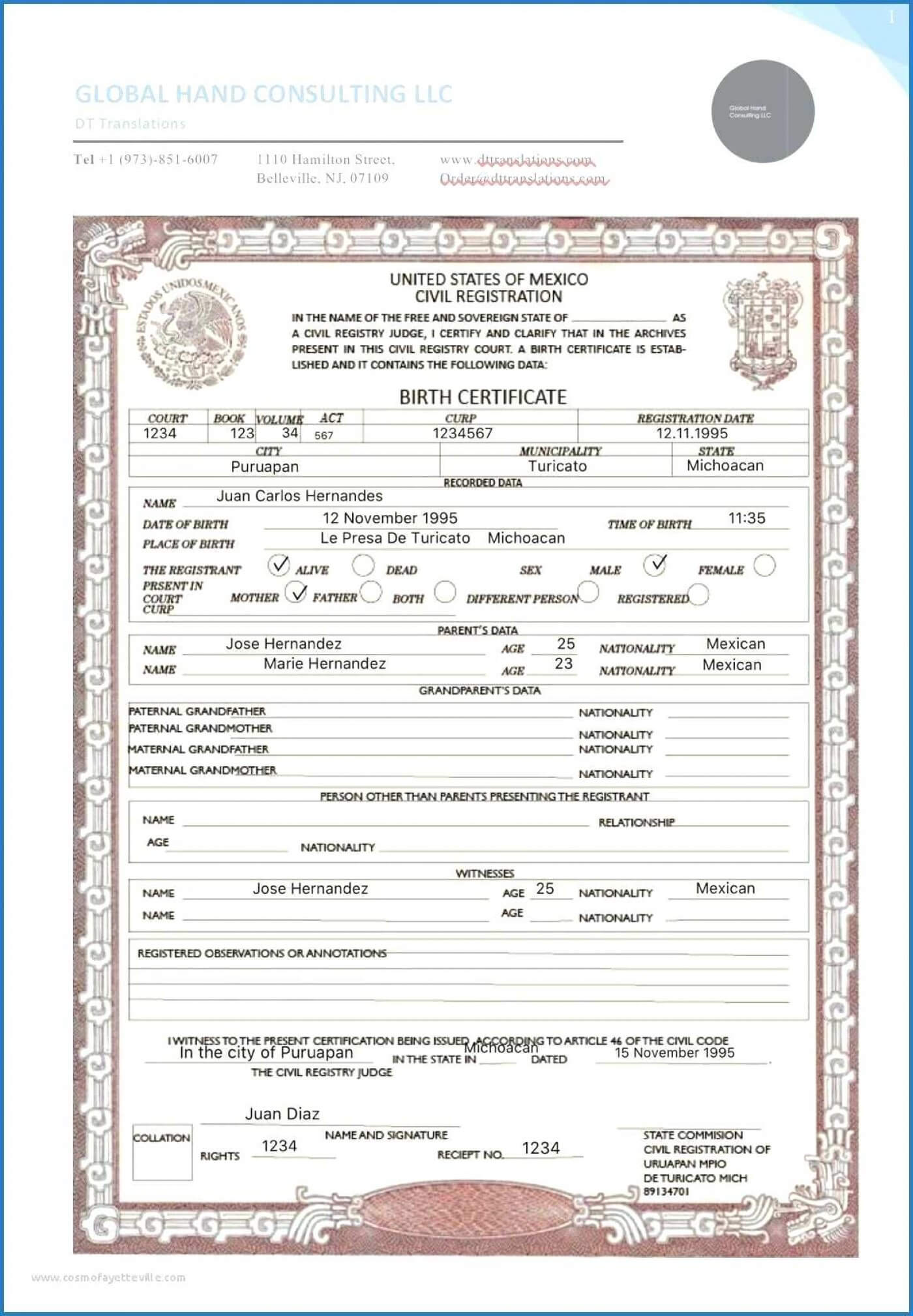 018 Free Birth Certificate Template Translate Mexican Sample In Birth Certificate Fake Template