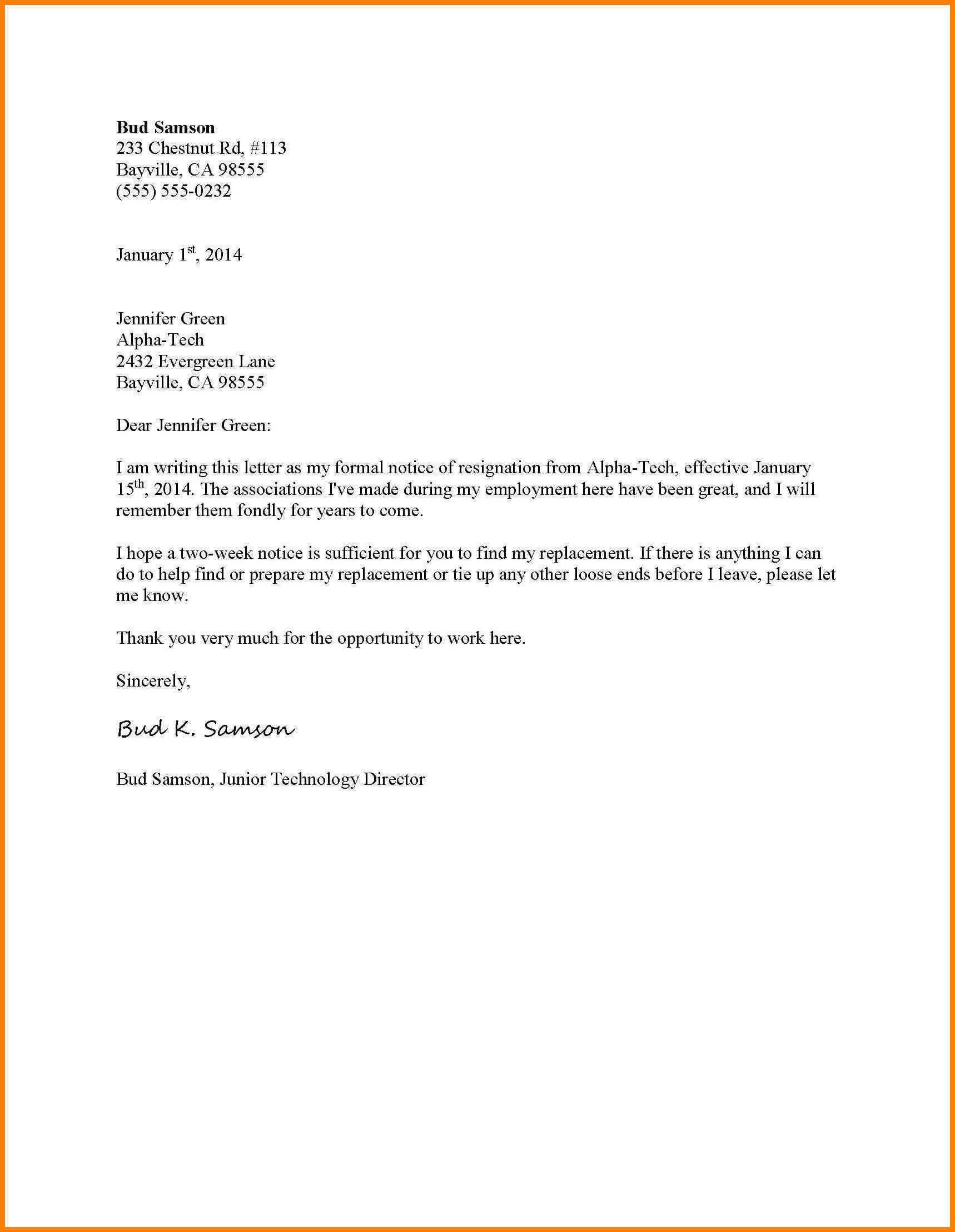 023 Format Of Formal Resignation Letter Resign Sample Inside 2 Weeks Notice Template Word