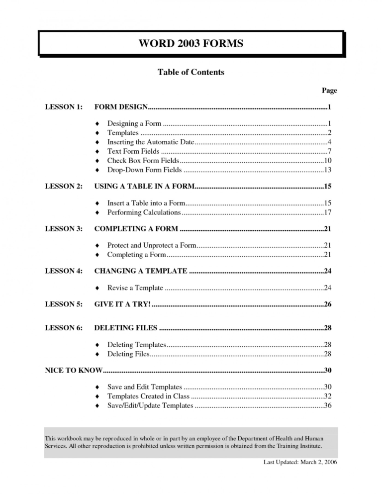 format word document table of contents