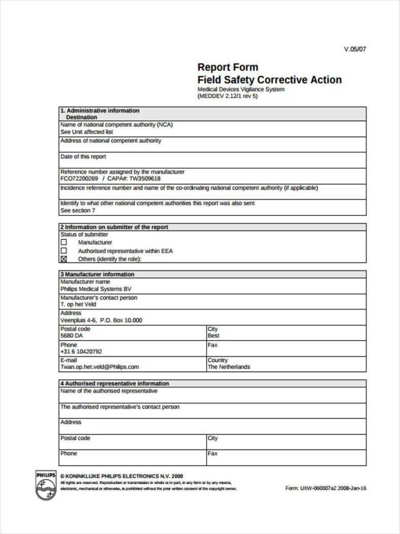 034 Field Safety Corrective Action 788X1051 Template Ideas In Section 7 Report Template