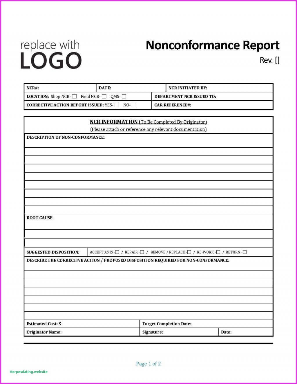 044 Fds1150 Nonconformance Report Template Ideas Corrective Regarding Non Conformance Report Template