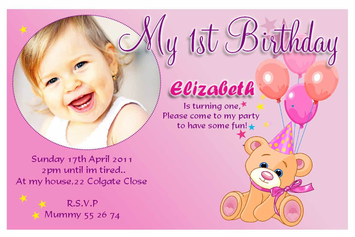 10 Personalised Girls Teddy Birthday Party Photo Invitations With First Birthday Invitation Card Template