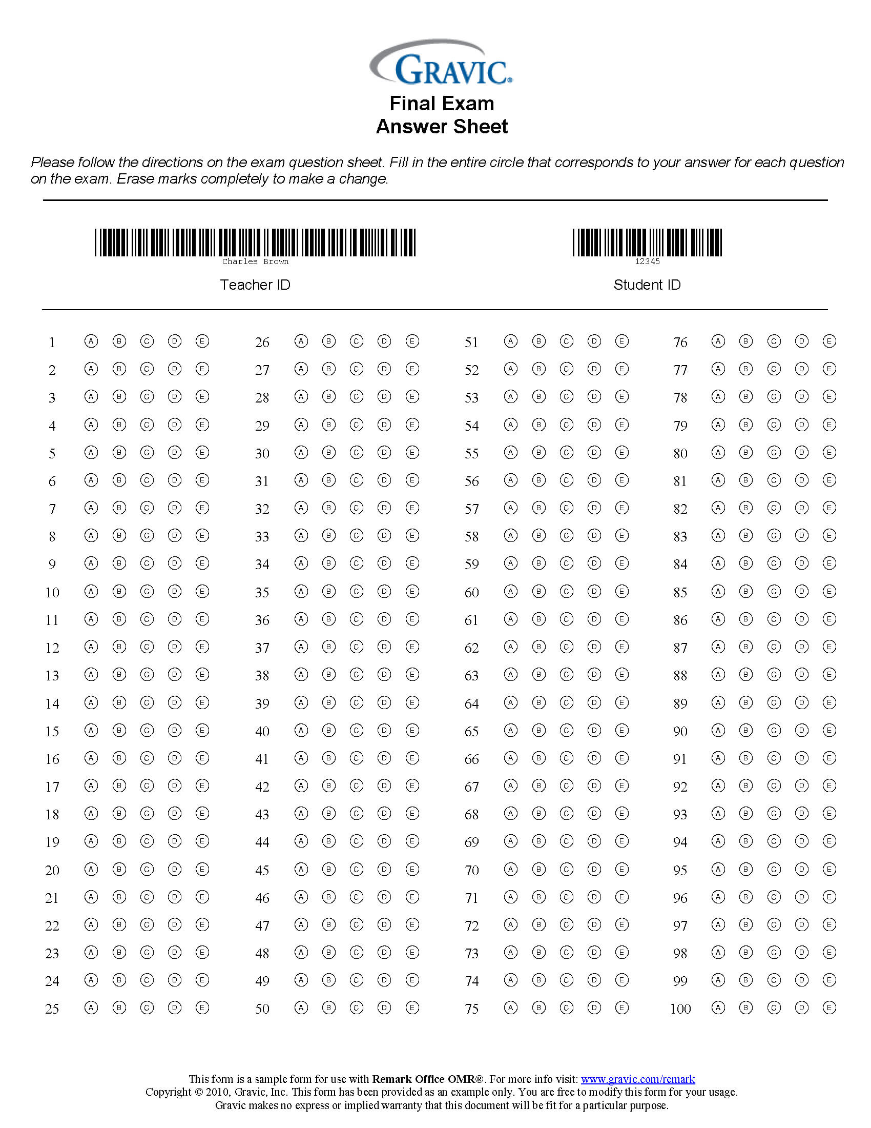 100 Question Test Answer Sheet With Barcode · Remark Software Throughout Blank Answer Sheet Template 1 100