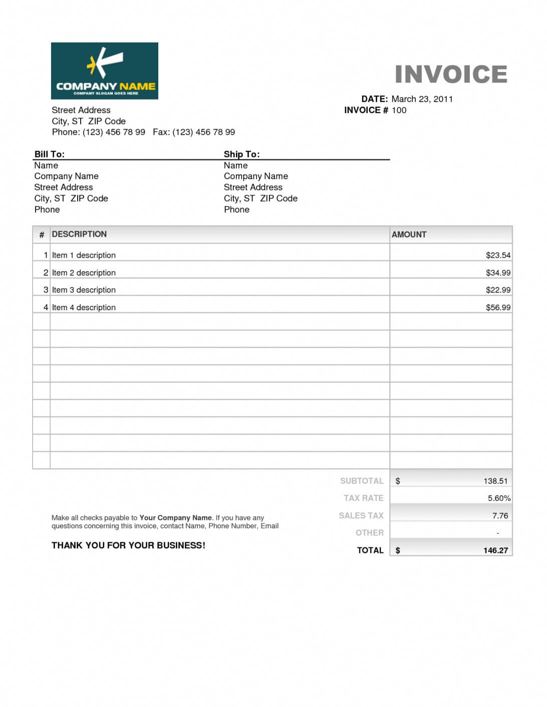12+ Invoice Template Word Document | Ledger Paper With Regard To Invoice Template Word 2010