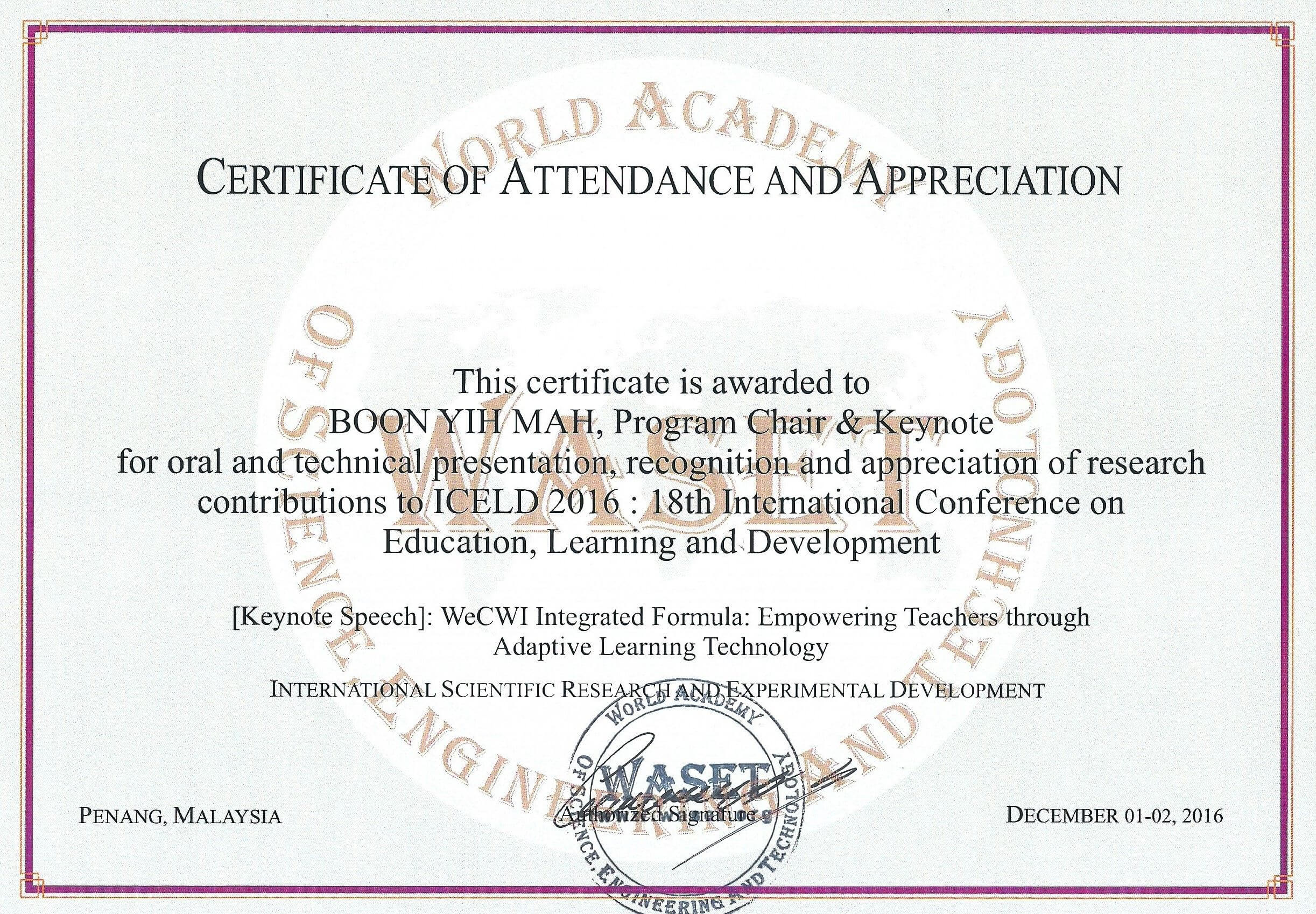 18Th International Conference On Education, Learning And Inside Conference Certificate Of Attendance Template