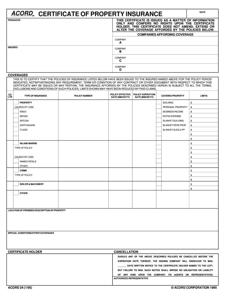 1995 Form Acord 24 Fill Online, Printable, Fillable, Blank Within Acord Insurance Certificate Template