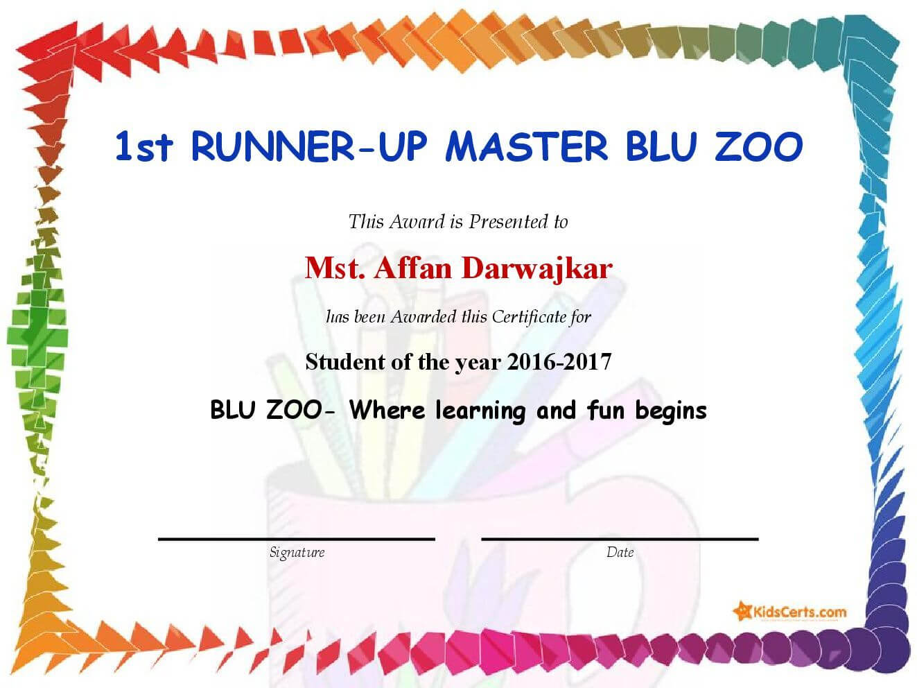 1St Runner Up Master Blu Zoo – Student Of The Year 2016 2017 Pertaining To Student Of The Year Award Certificate Templates