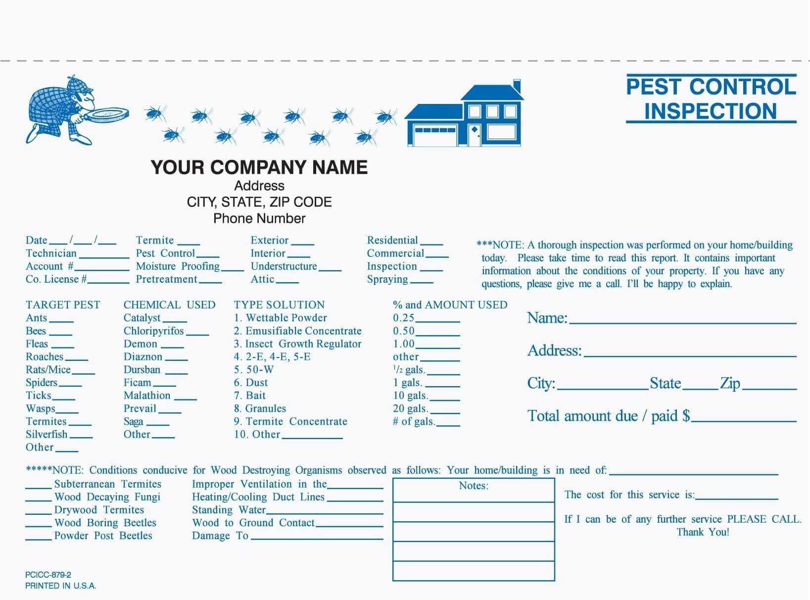 2 Part Pest Control Inspection Form, Carbonless | Pest Intended For Pest Control Report Template