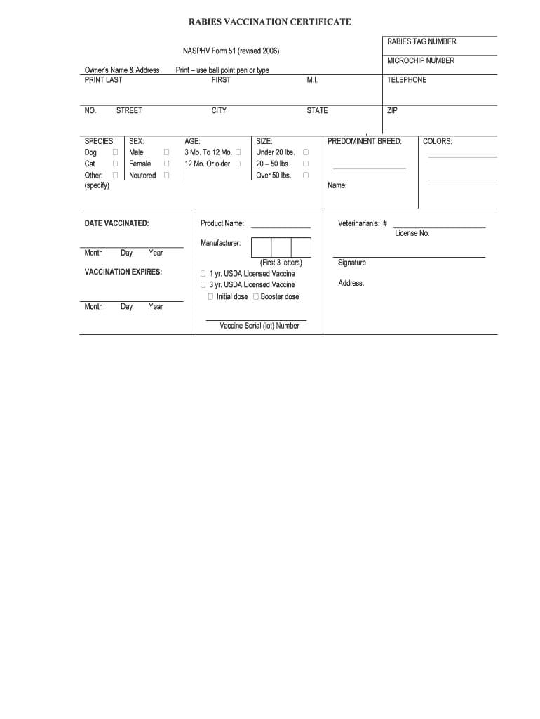 2006 Cdc Nasphv Form 51 Fill Online, Printable, Fillable With Regard To Rabies Vaccine Certificate Template