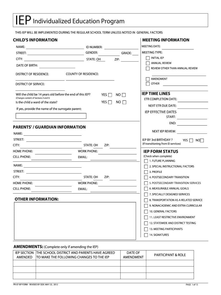 2012 2020 Form Oh Pr 07 Iep Fill Online, Printable, Fillable Within Blank Iep Template