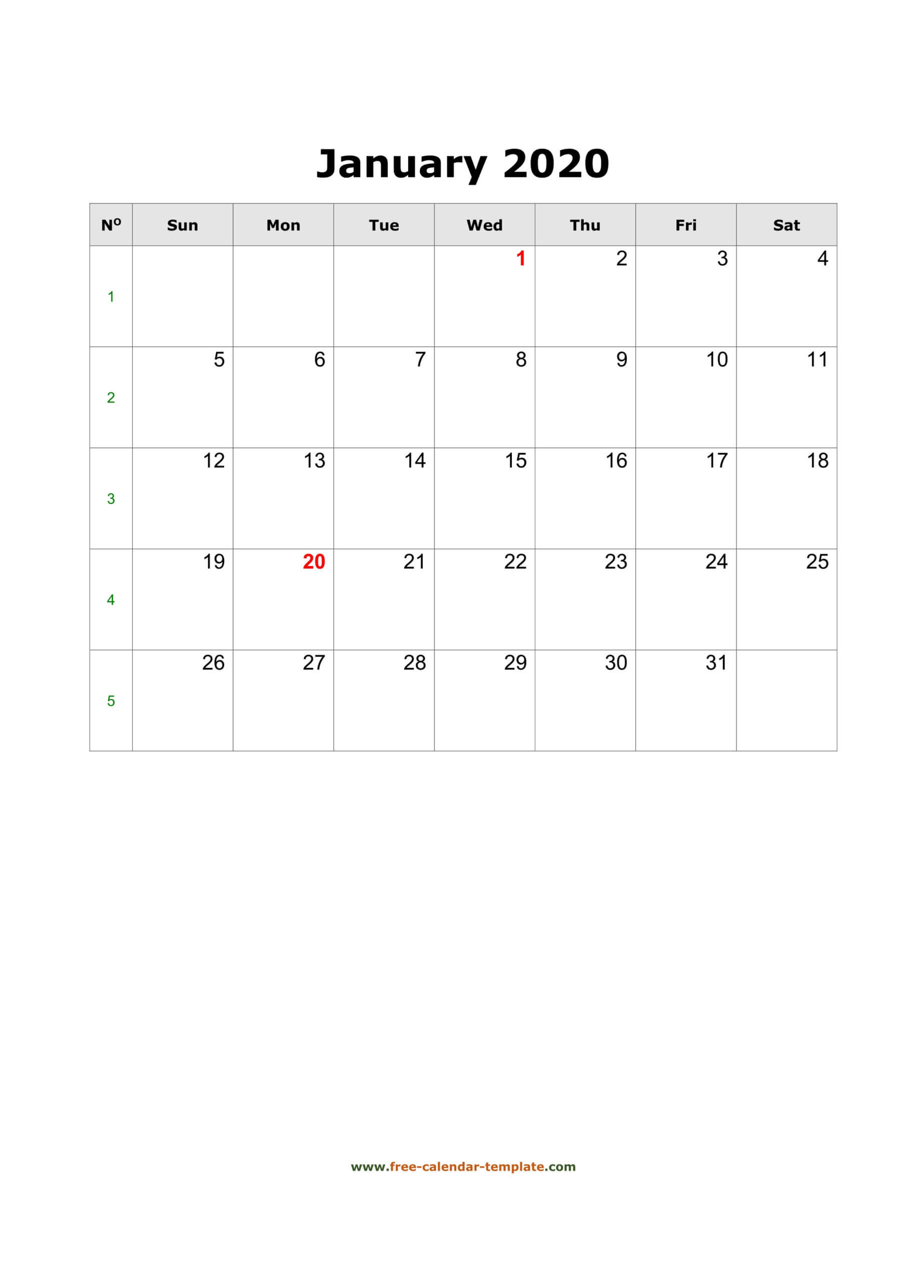 2020 January Calendar (Blank Vertical Template) | Free Regarding Blank One Month Calendar Template