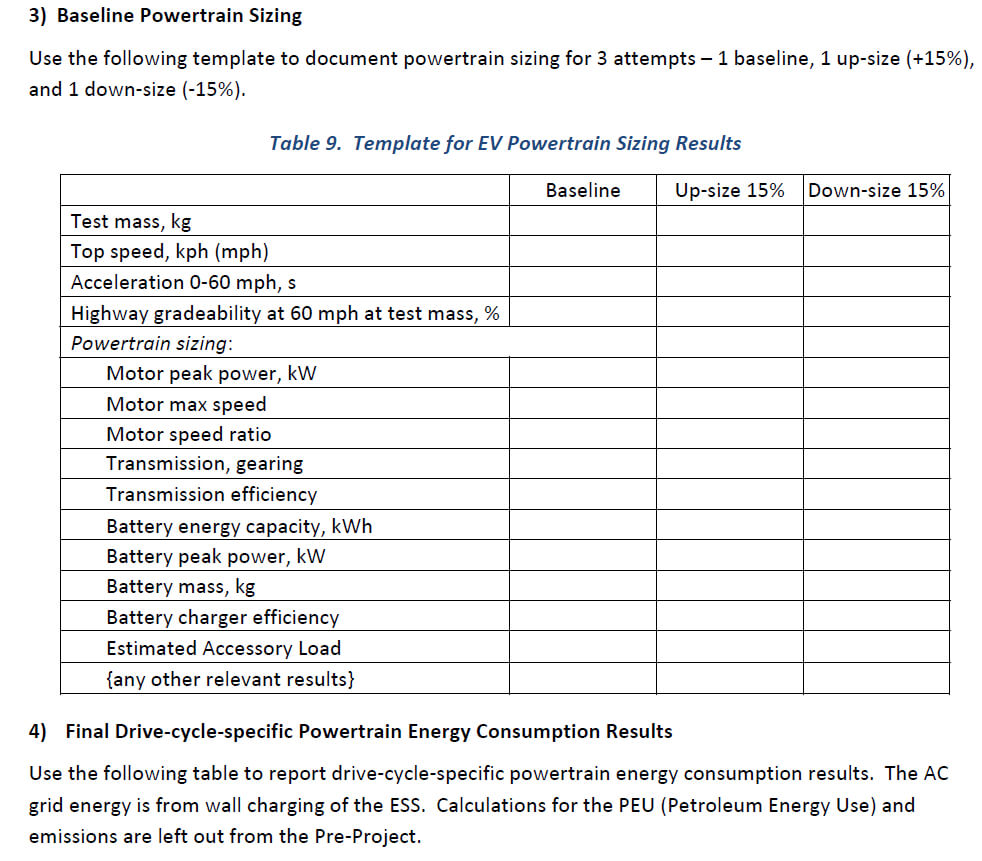 3) Baseline Powertrain Sizing Use The Following Te Throughout Baseline Report Template