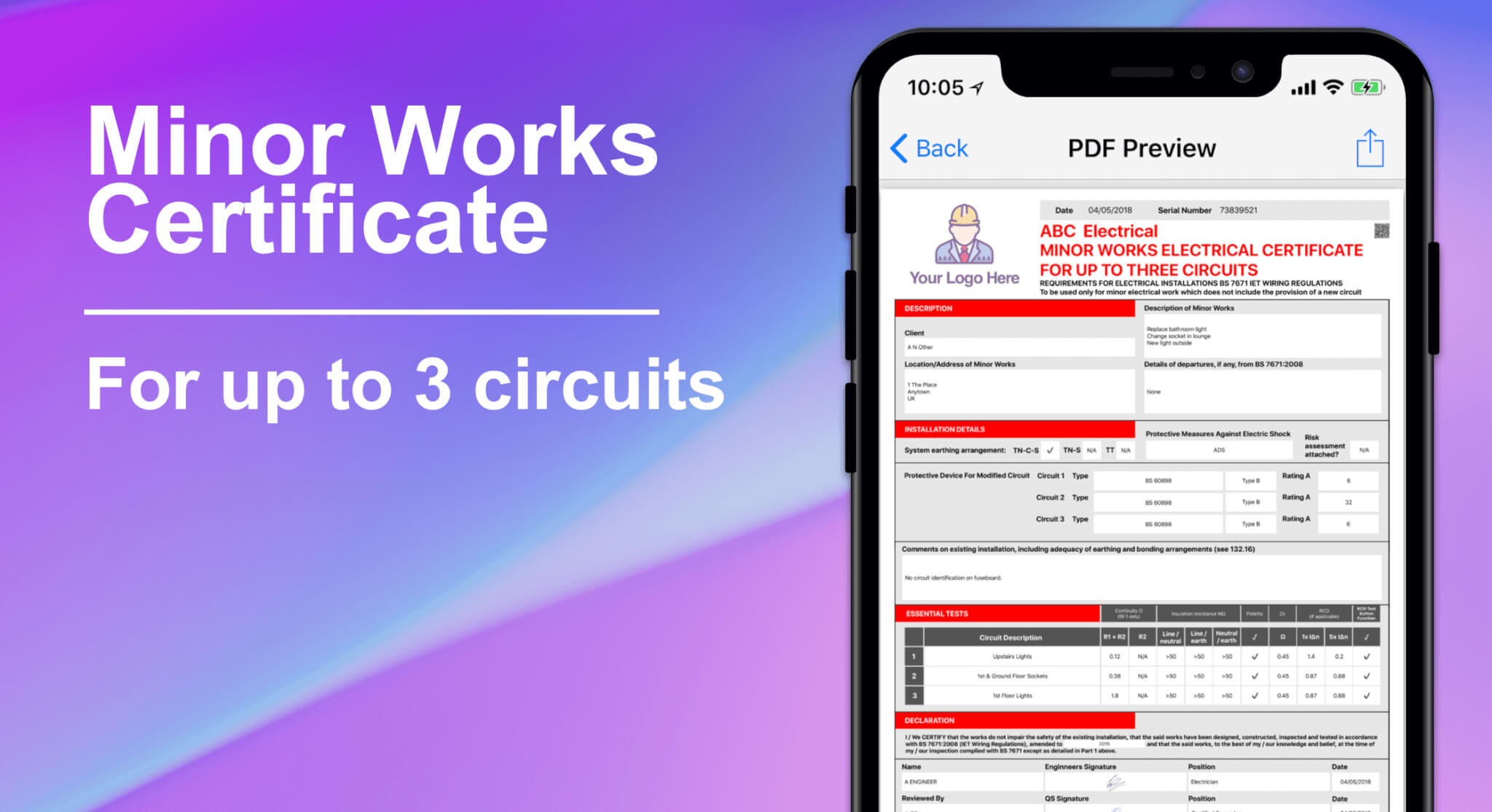 3 Circuit Minor Works Electrical Certificate - Icertifi Within Electrical Minor Works Certificate Template