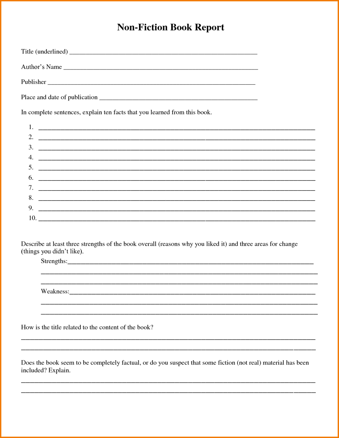 4Th Grade Book Report Template