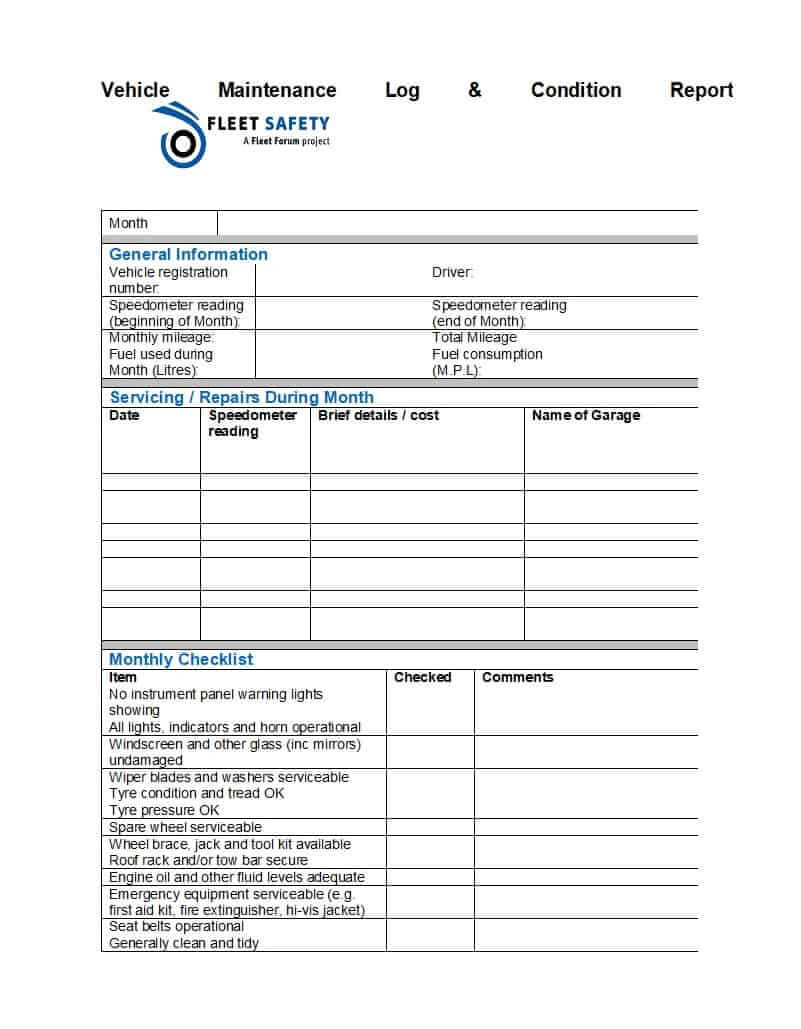 40 Printable Vehicle Maintenance Log Templates ᐅ Template Lab Within Fleet Report Template
