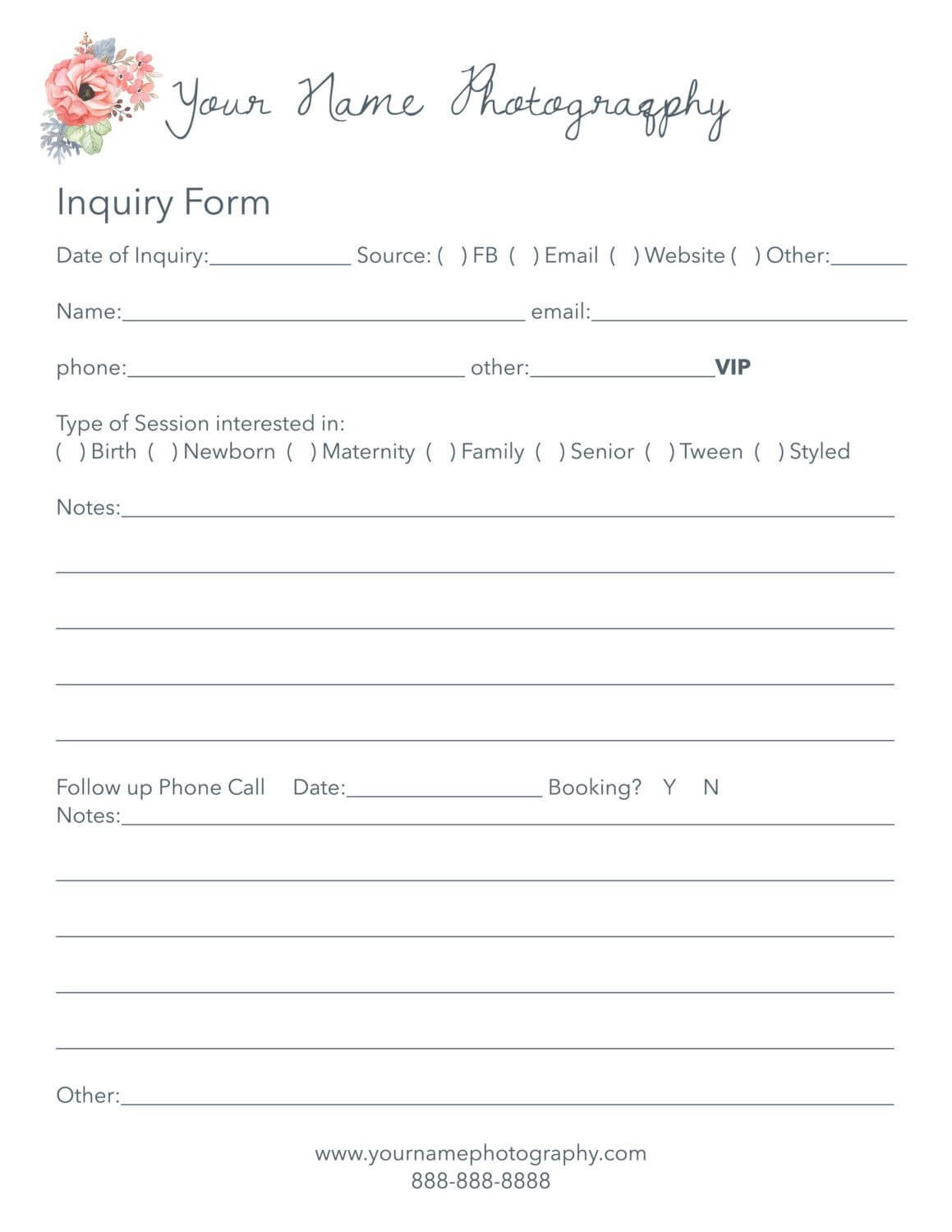 $5.00 Photography Inquiry Form, Inquiry Log, Client Log. With Enquiry Form Template Word