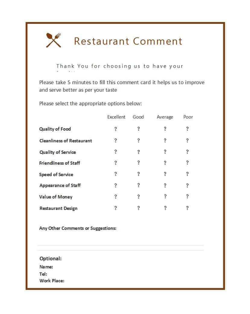 9 Restaurant Comment Card Templates - Free Sample Templates Pertaining To Restaurant Comment Card Template