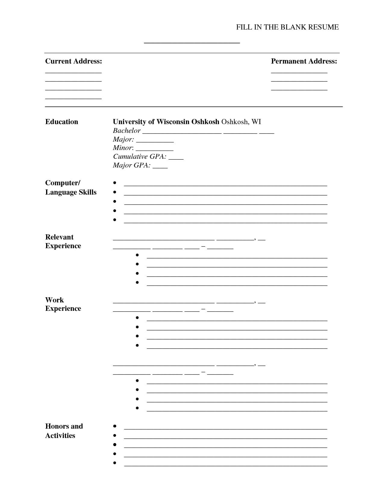 A Cv Template To Fill In Free Printable Resume Free Regarding Blank 