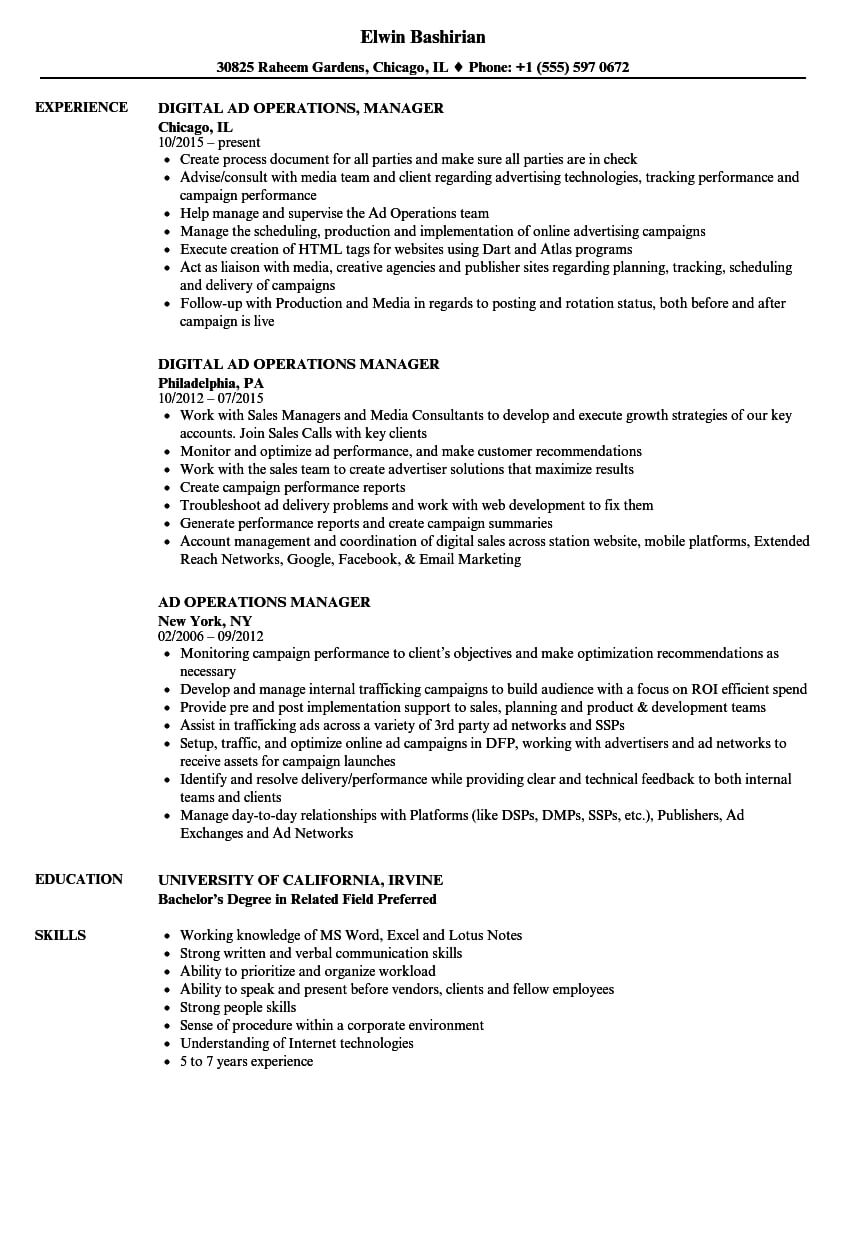 Ad Operations Resume – Zimer.bwong.co Regarding Operations Manager Report Template