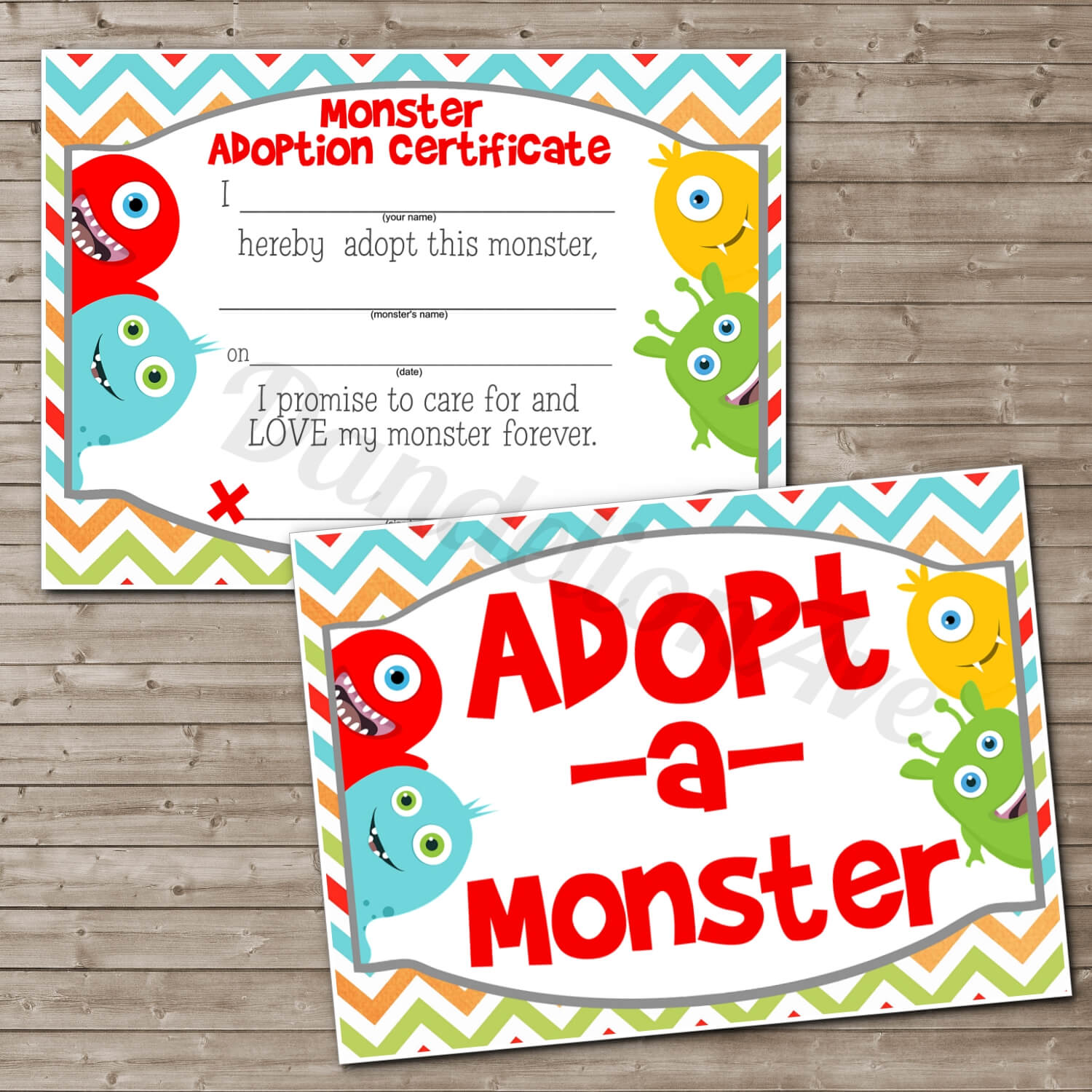 Adopt A Monster Certificate And Sign Set | Dandelion Avenue Intended For Toy Adoption Certificate Template