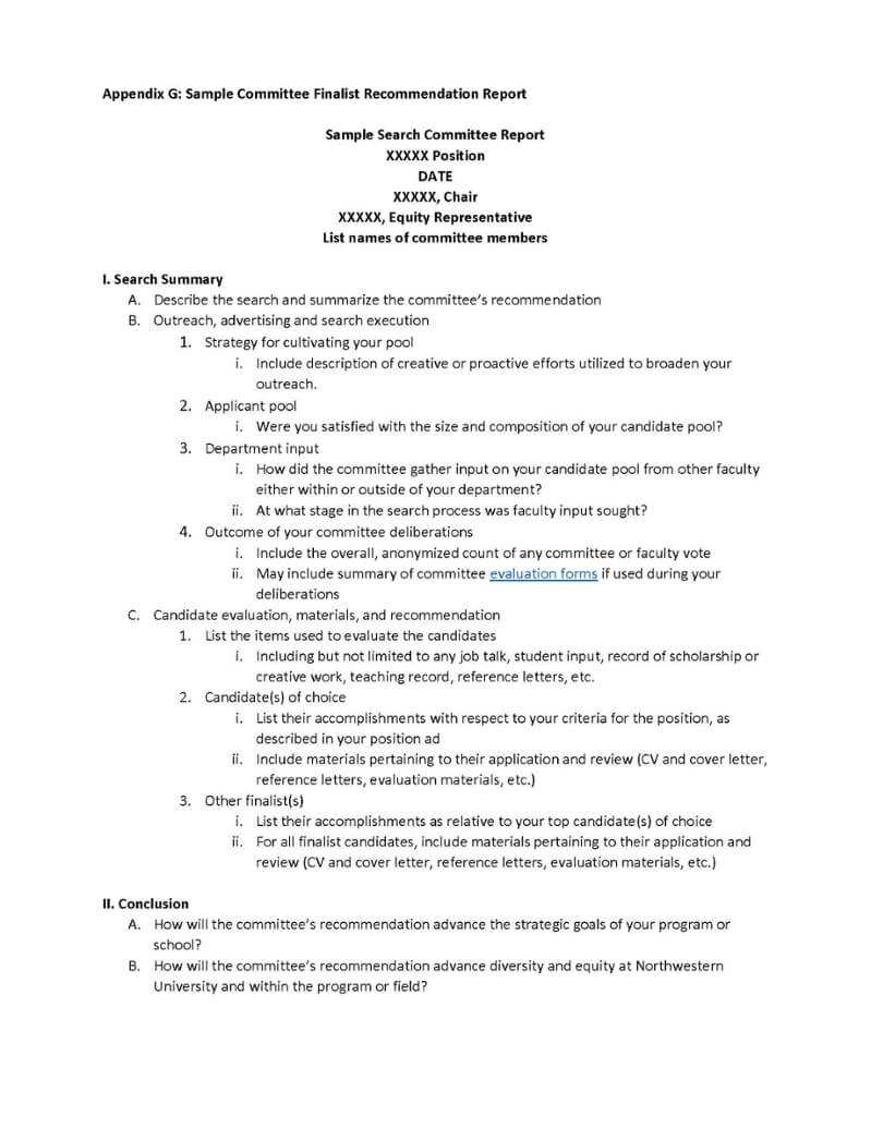 Appendix G: Sample Committee Finalist Recommendation Report In Recommendation Report Template