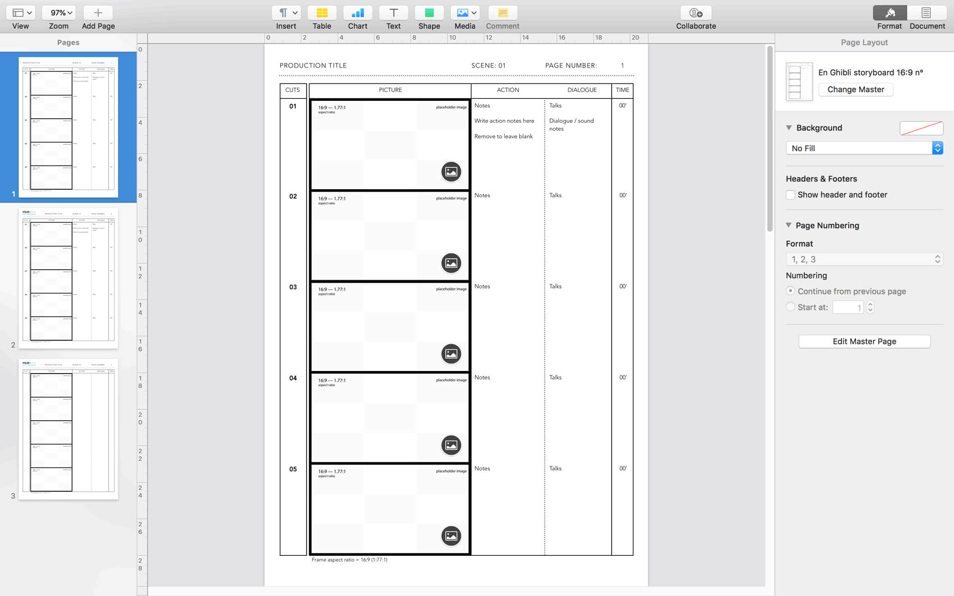 Apple Pages Anime Storyboard Template For 16:9 Aspect Ratio Throughout Word Label Template 16 Per Sheet A4
