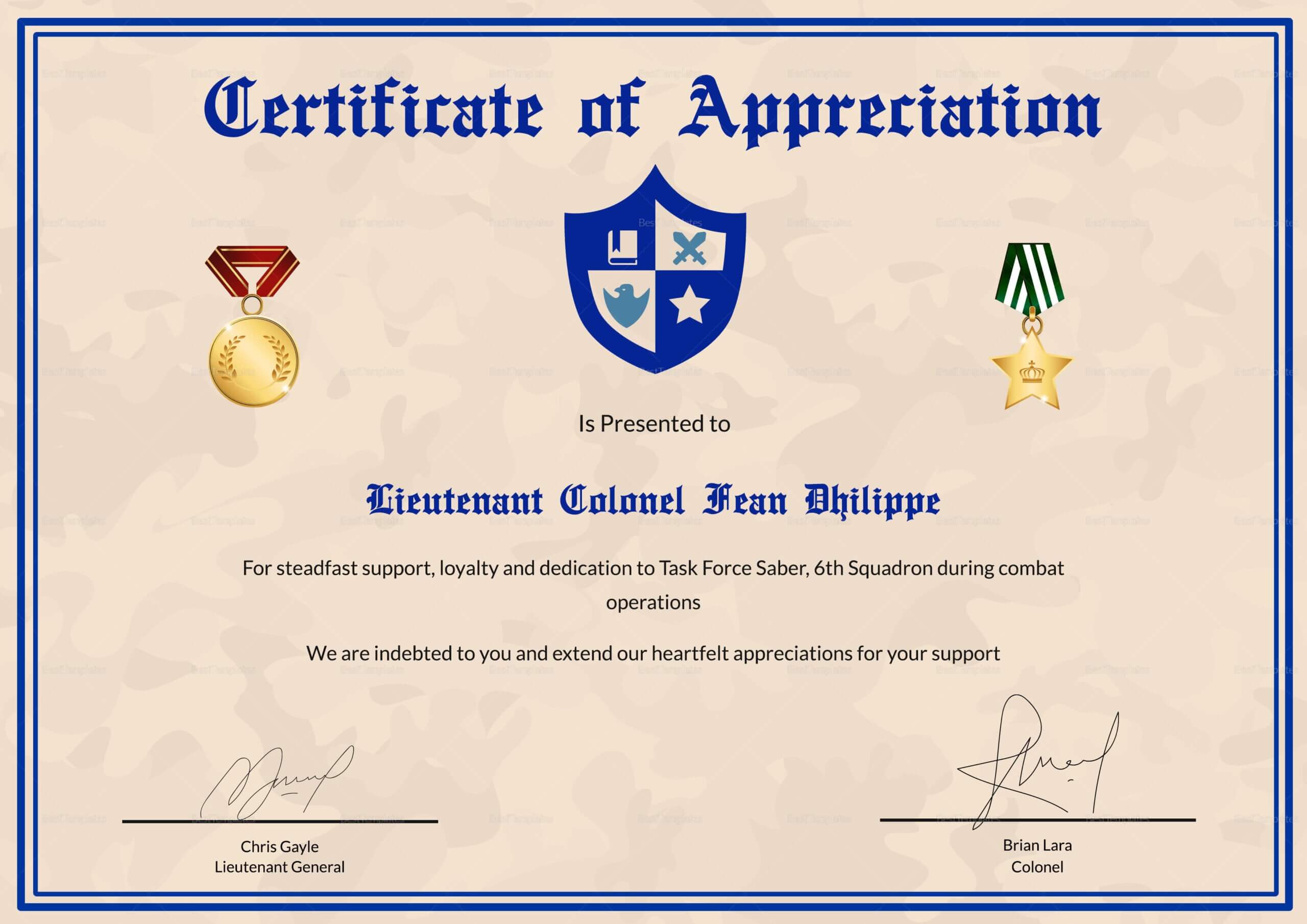 Army Certificate Of Appreciation Template Regarding Army Certificate Of Appreciation Template