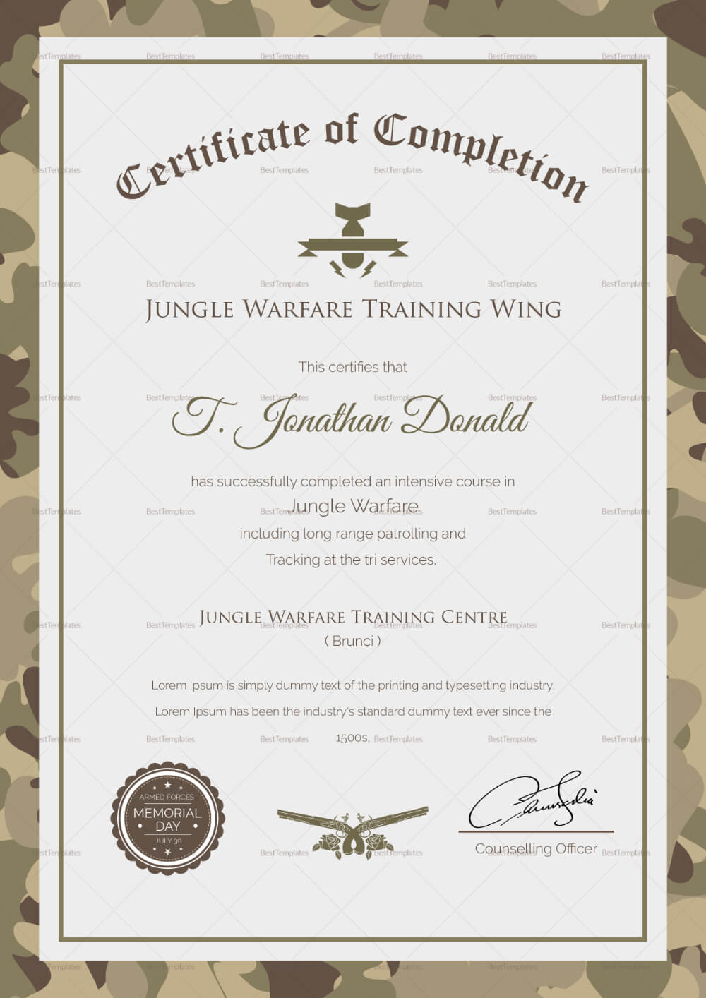 Army Certificate Of Completion Template (5) | Professional Intended For Army Certificate Of Completion Template