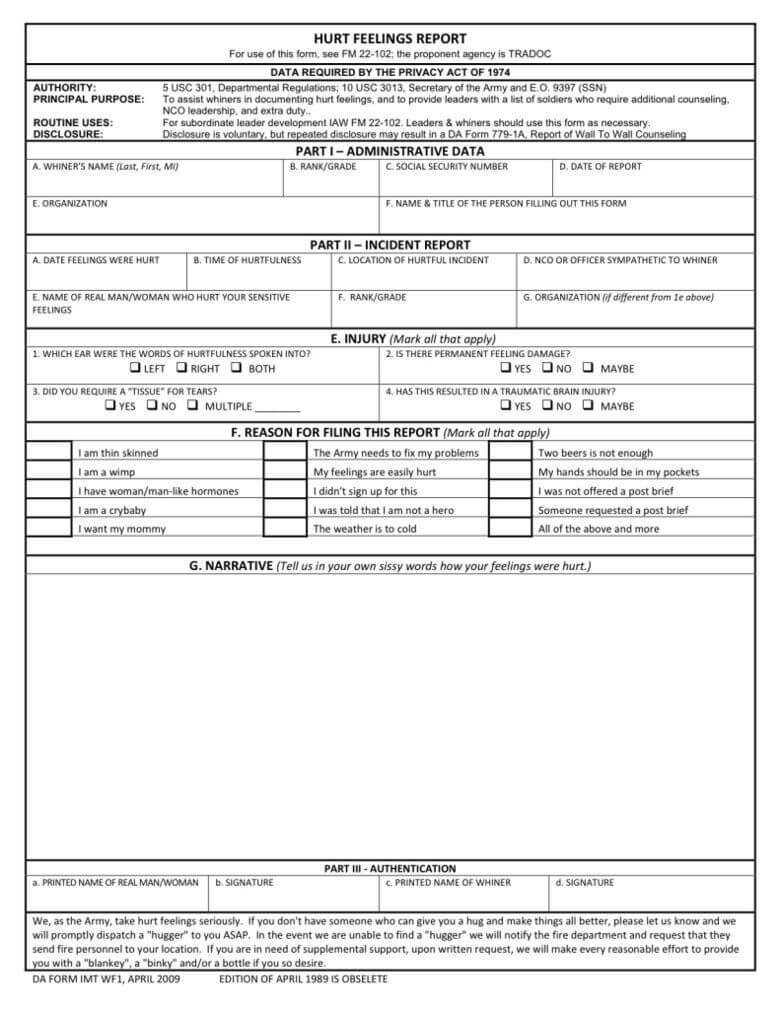 Army Hurt Feelings Report | Hurt Feelings, It Hurts Pertaining To Hurt Feelings Report Template