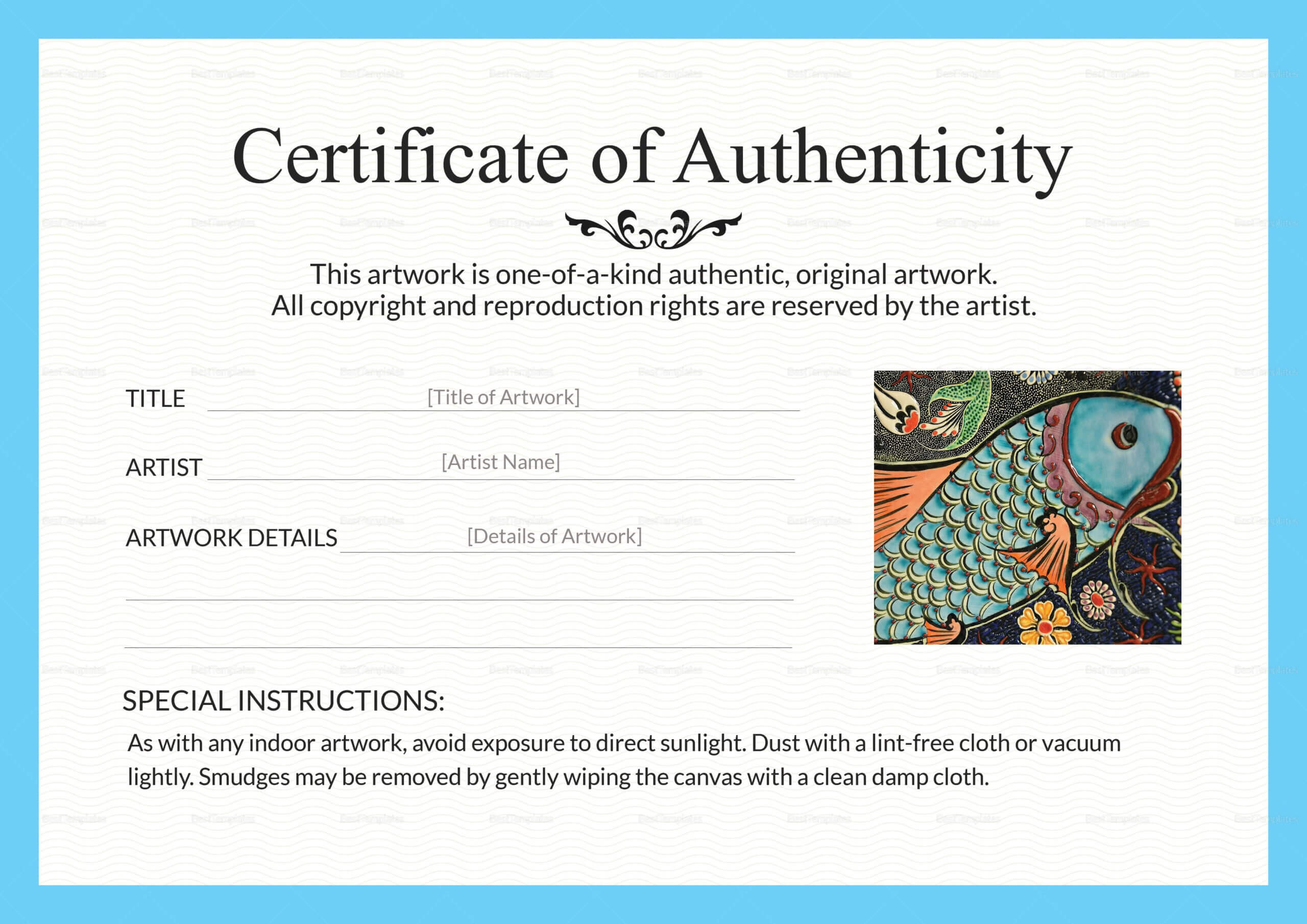 Artwork Authenticity Certificate Template In 2020 With Regard To Free Art Certificate Templates