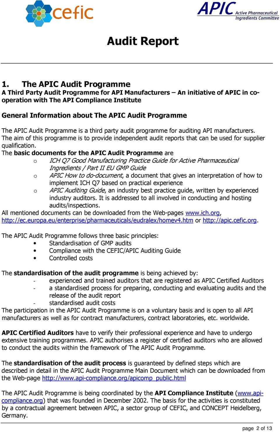 Audit Report In The Framework Of The Apic Audit Programme Within Gmp Audit Report Template