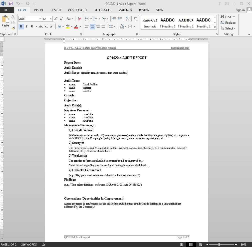 Audit Report Iso Template | Qp1020 4 Regarding Template For Audit Report