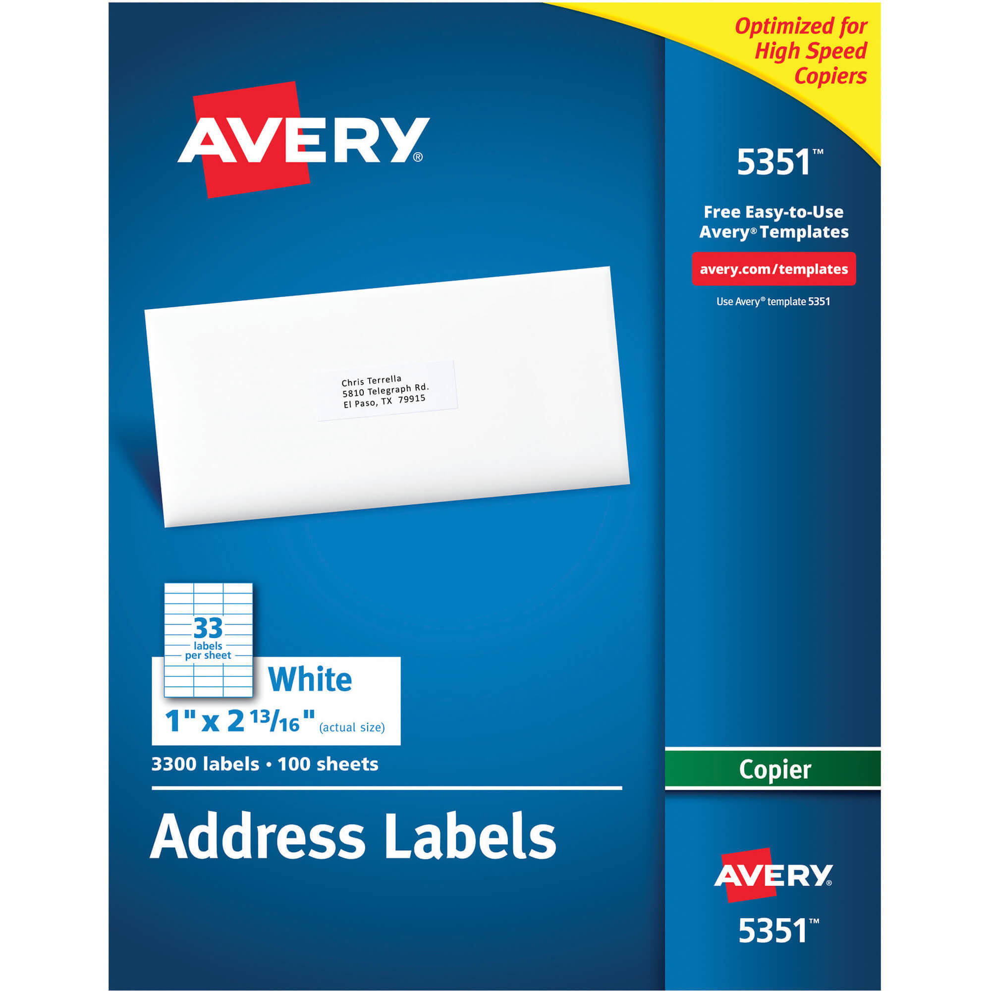 Avery® Address Labels For Copiers, Permanent Adhesive, 1" X 2 13/16", 3,300  Labels (5351) – Permanent Adhesive – 1" Width X 2 13/16" Length – Inside 33 Up Label Template Word