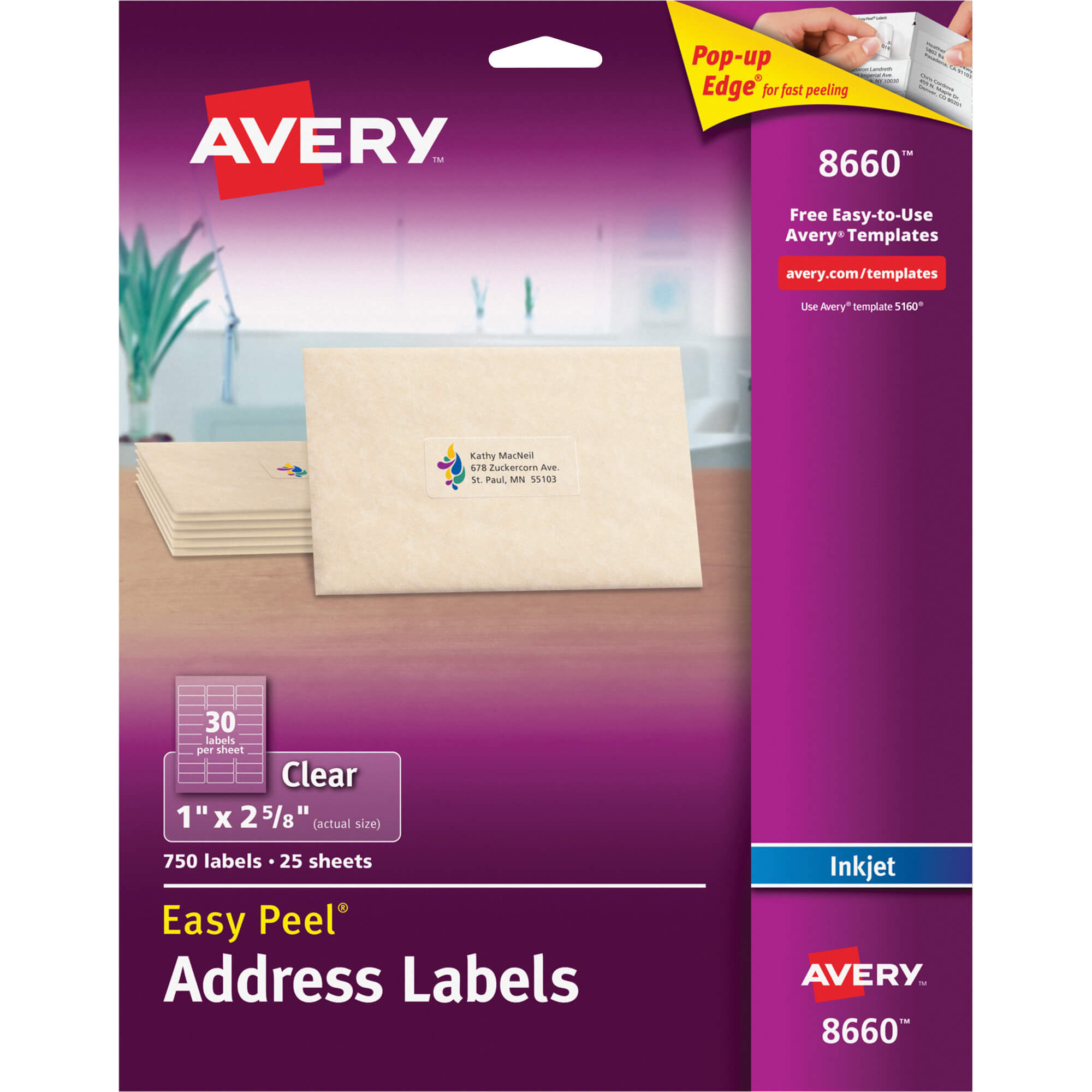 Avery® Matte Clear Address Labels, Sure Feed(Tm) Technology, Inkjet, 1" X  2 5/8", 750 Labels (8660) – Permanent Adhesive – 1" Width X 2 5/8" Length – Throughout 8 Labels Per Sheet Template Word