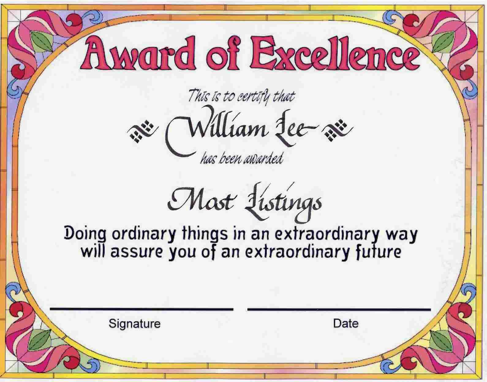 Award Certificates | Award Of Excellence Certificate Award With Regard To Award Of Excellence Certificate Template