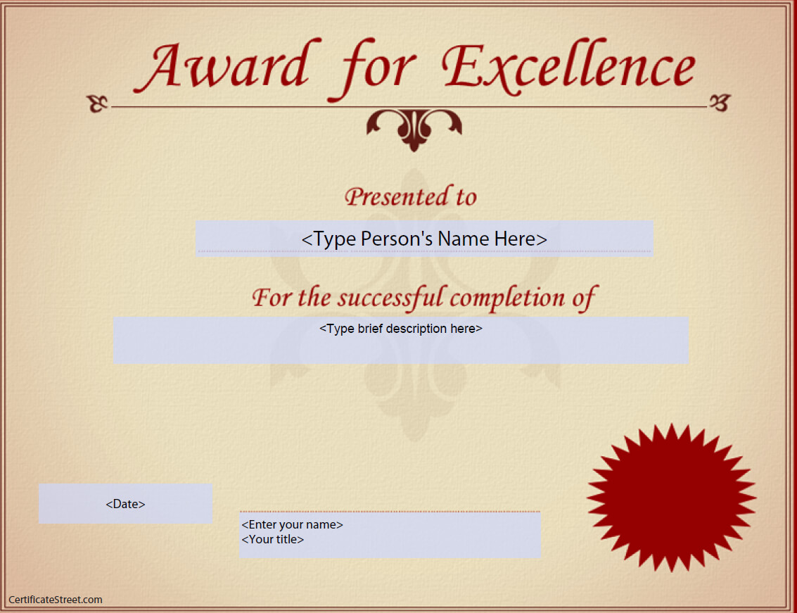 Award For Excellence Certificate | Templates At With Regard To Award Of Excellence Certificate Template