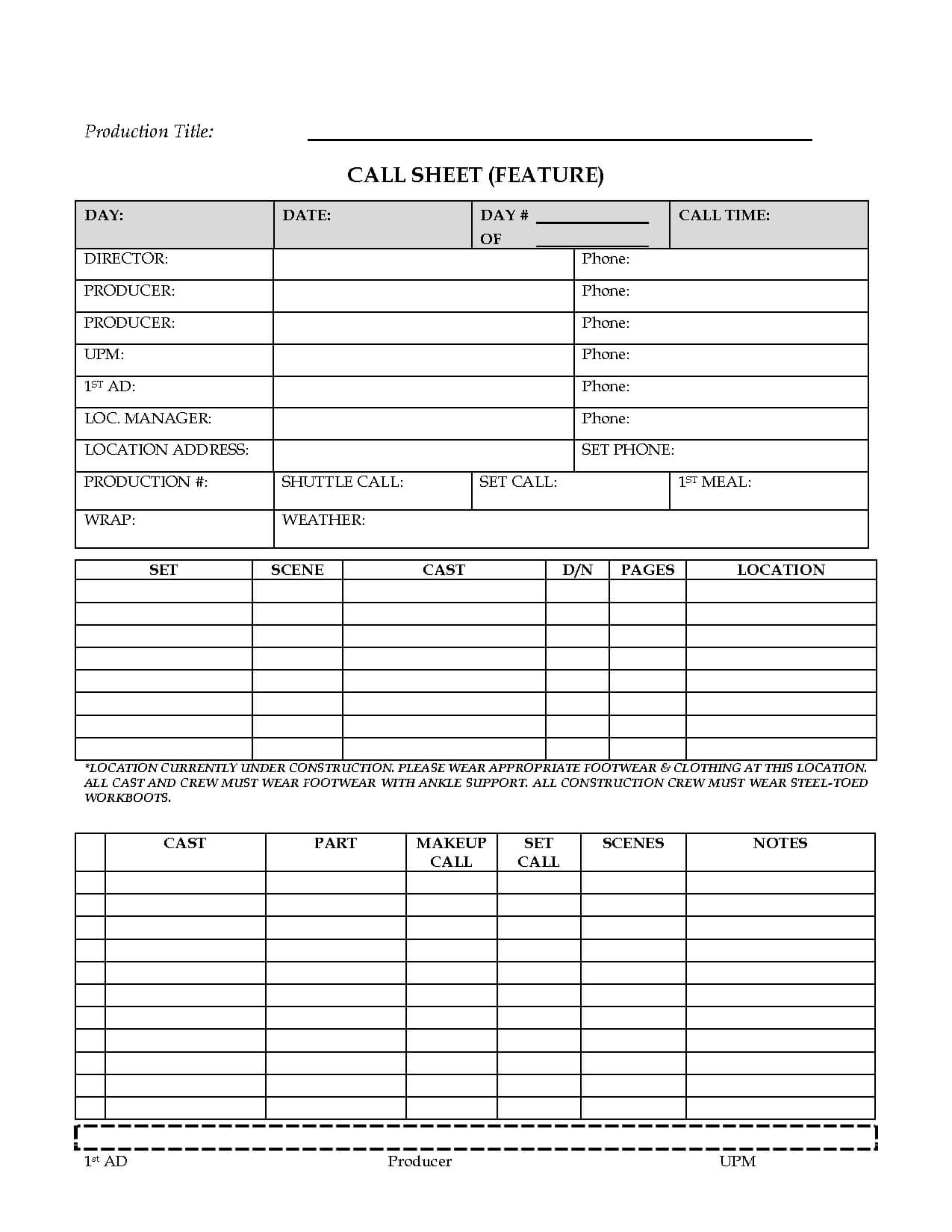 Awesome Call Sheet (Feature) Template Sample For Film Throughout Film Call Sheet Template Word