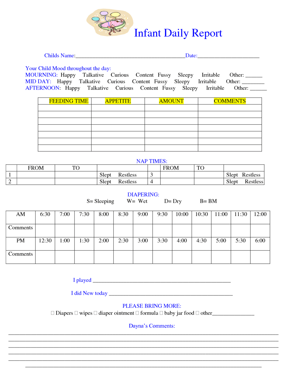 Daycare Infant Daily Report Template