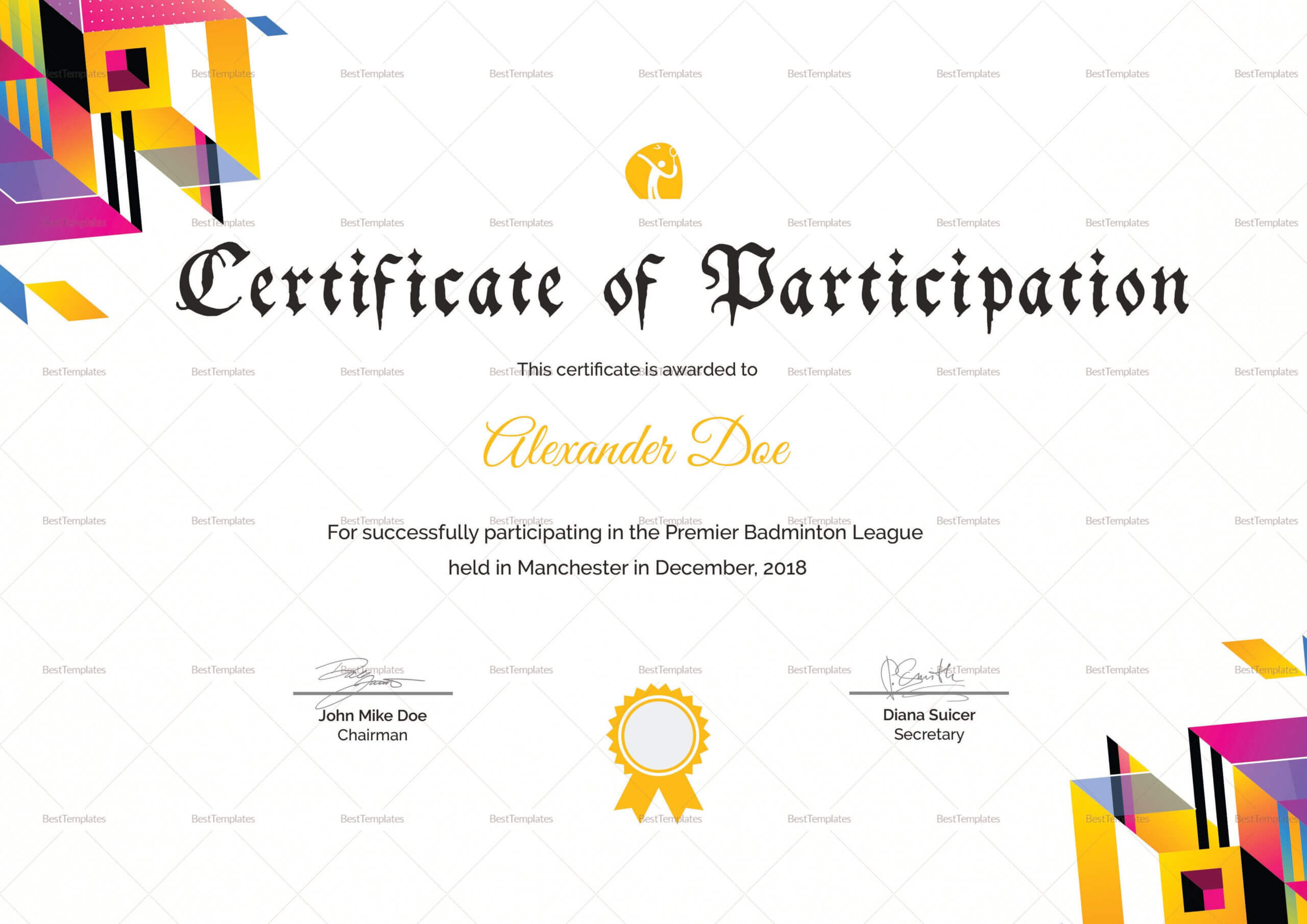 Badminton Participation Certificate Template | Certificate Pertaining To Gymnastics Certificate Template
